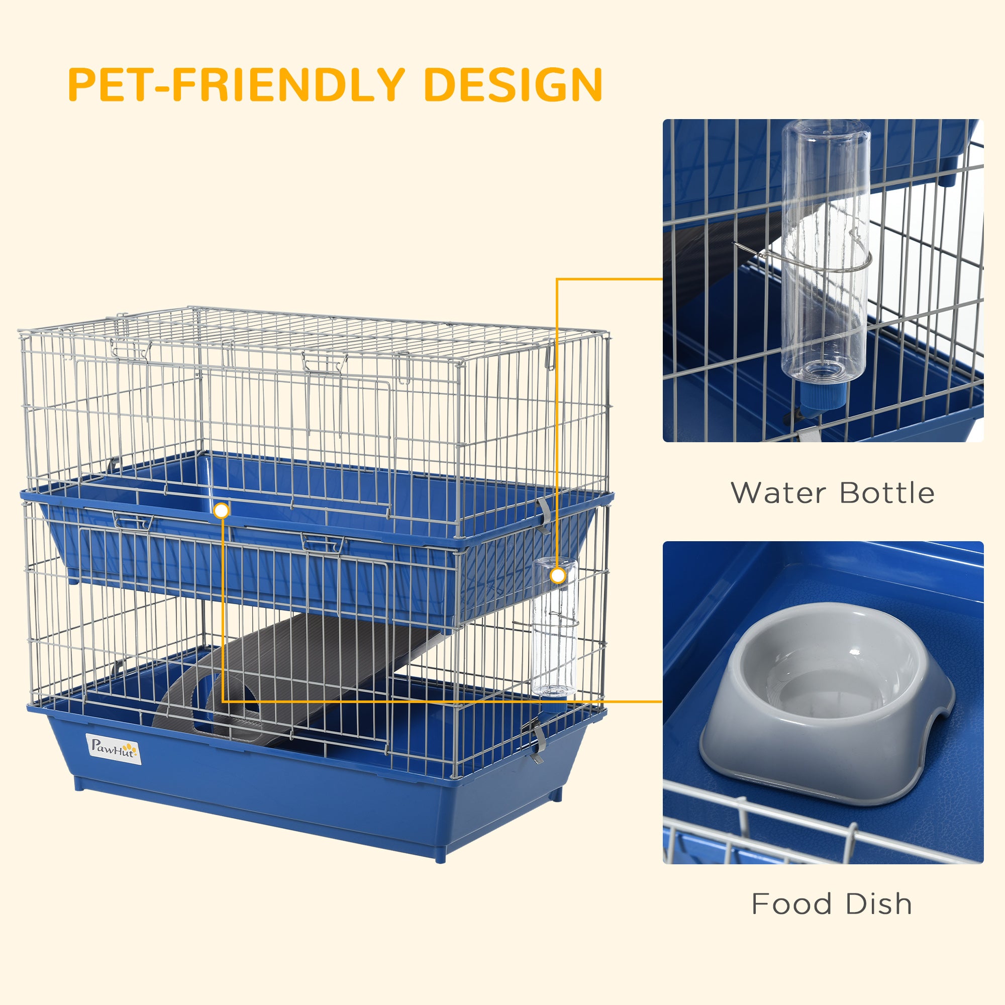 PawHut Double Tier Small Animal Cage Rabbit Chinchillas Cage w/ Ramp Food Dish Water Bottle Deep Trays Pet Home 72 x 44 x 67 cm - North Peak Garden Furniture