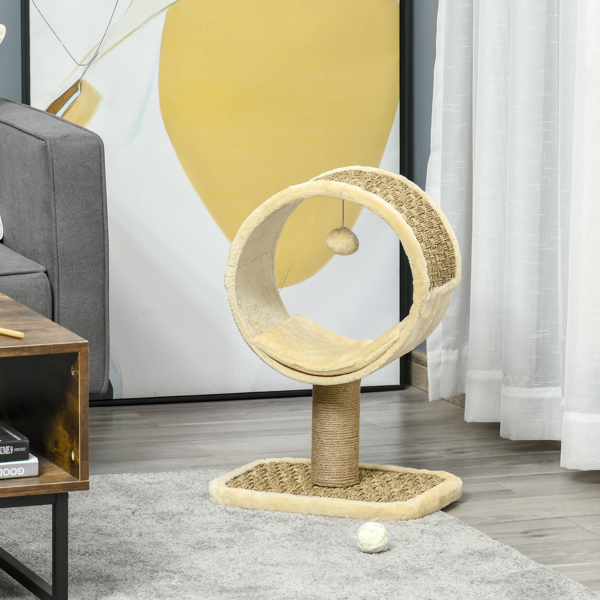 PawHut 56cm Cat Tree for Indoor Cats, with Scratching Post, Tunnel, Toy Ball - Beige - North Peak Garden Furniture
