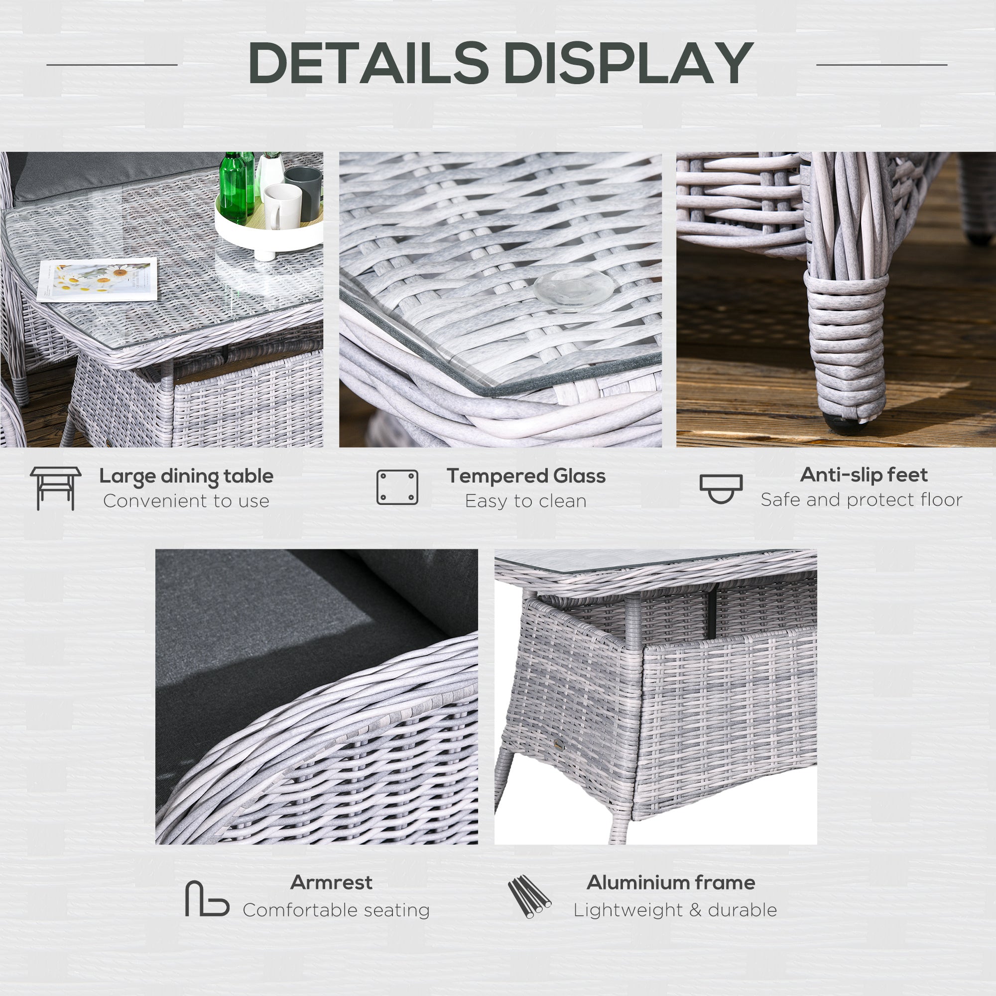 Outsunny Garden PE Rattan Dining Sofa Set, Outdoor 4 Seater Wicker Furniture, High Back Chairs with Cushions, Tempered Glass Coffee Table for Lawn, Backyard, Mixed Grey - North Peak Garden Furniture