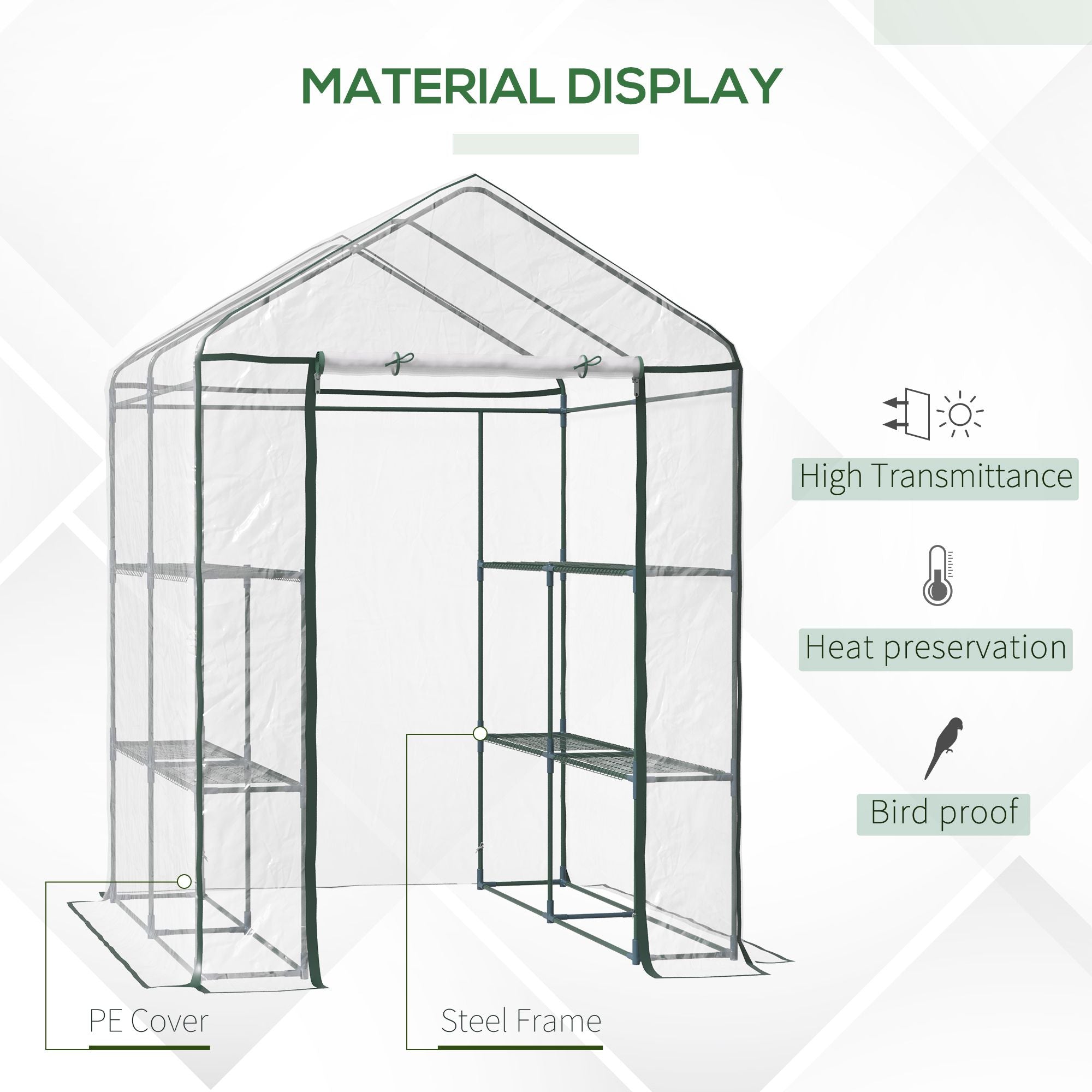 Outsunny Walk in Greenhouse with 3-Tier 8 Shelves, Green House with Hemmed Cover, Roll-up Zipped Door, Steel Frame, 143 x 143 x 195cm - North Peak Garden Furniture