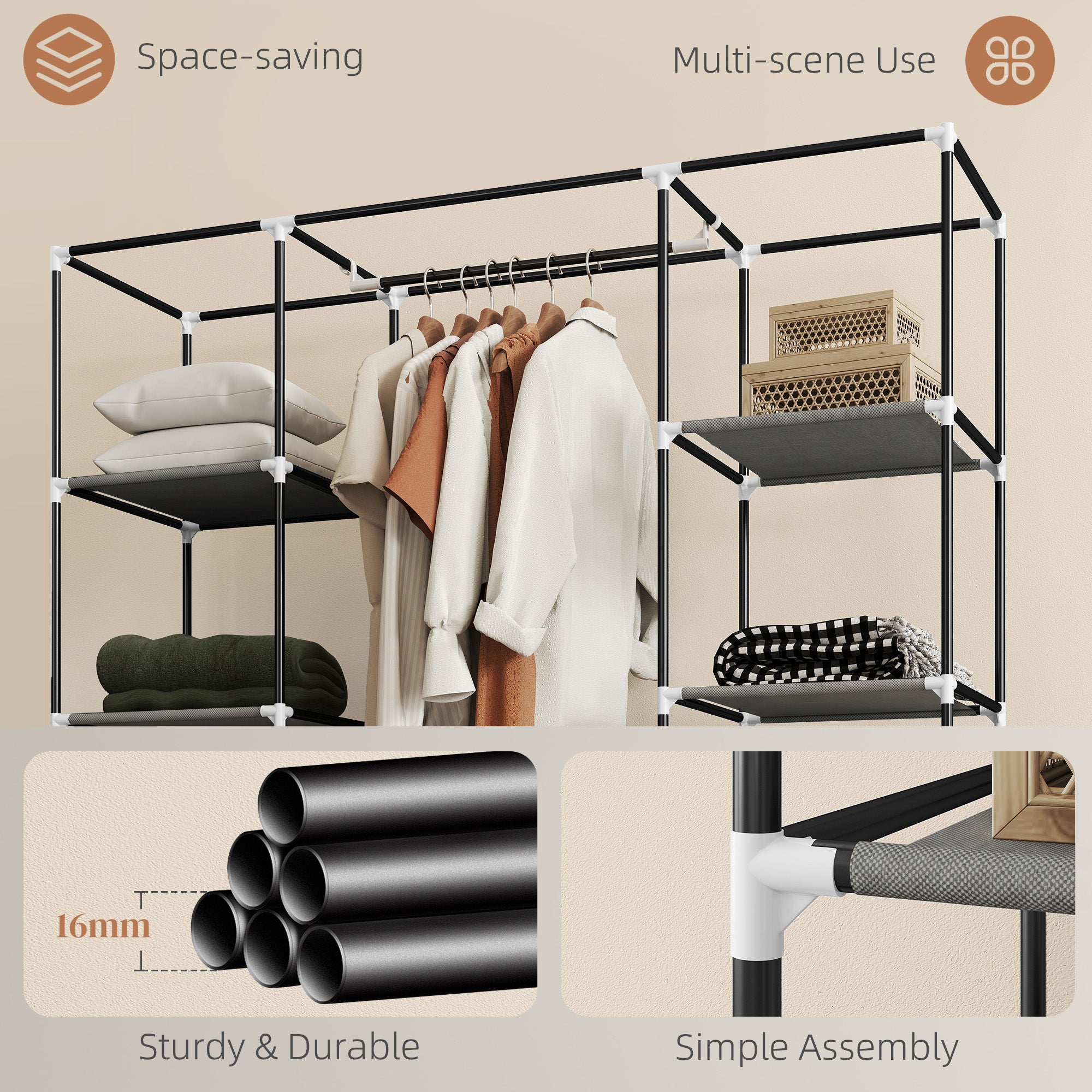 HOMCOM Clothes Storage Organiser with Hanging Rail, Shelves, Portable Wardrobe, Foldable Fabric Wardrobe, Dark Grey
