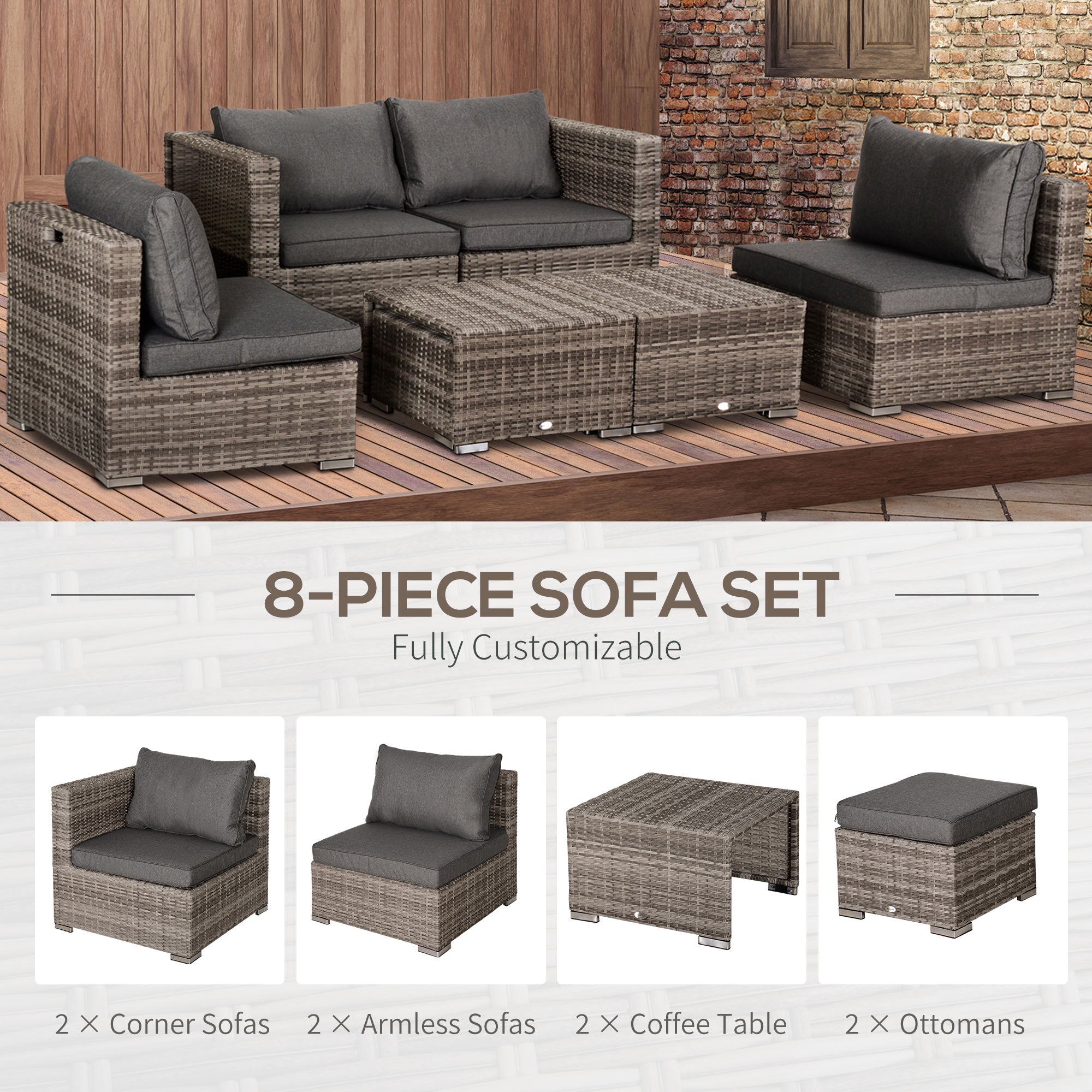 Outsunny 8 Pieces PE Rattan Sofa Set with Cushions, Garden Corner Sofa with 4 Seater Sofa, 2 Footstools and 2 Coffee Table Set, Space-saving Design, No Assembly Required, Grey - North Peak Garden Furniture
