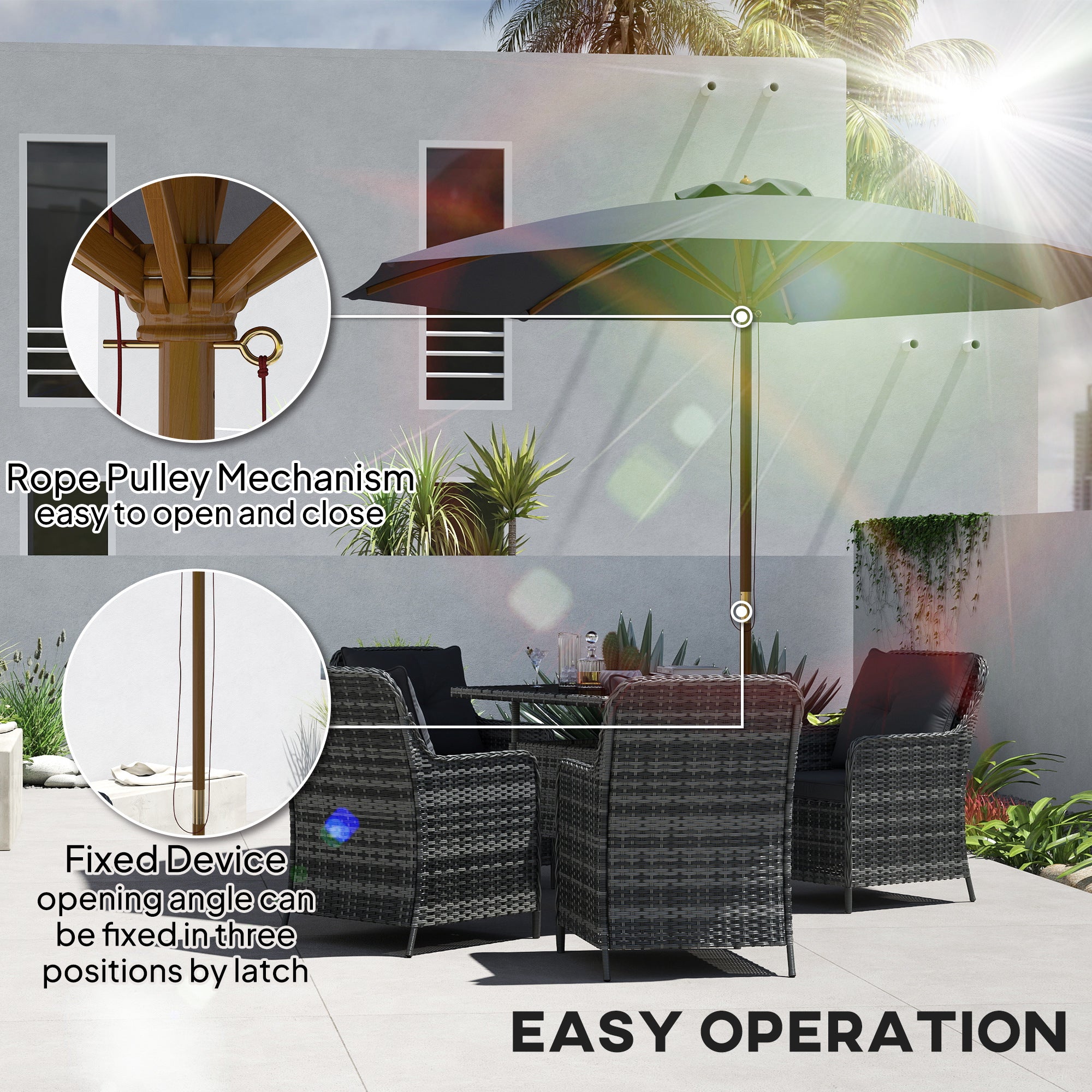 Outsunny 3m Wood Pole Parasol Umbrella - Grey - North Peak Garden Furniture