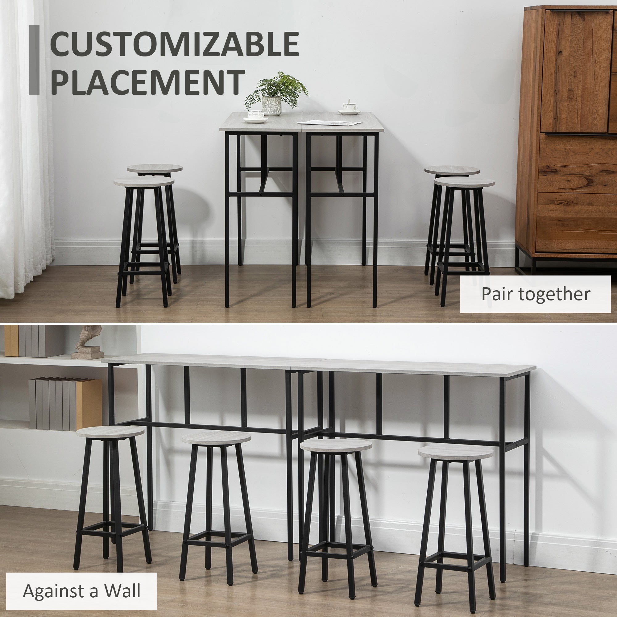 HOMCOM 6-Piece Bar Table Set, 2 Breakfast Tables with 4 Stools, Counter Height Dining Tables & Chairs for Kitchen, Living Room, Grey - North Peak Garden Furniture