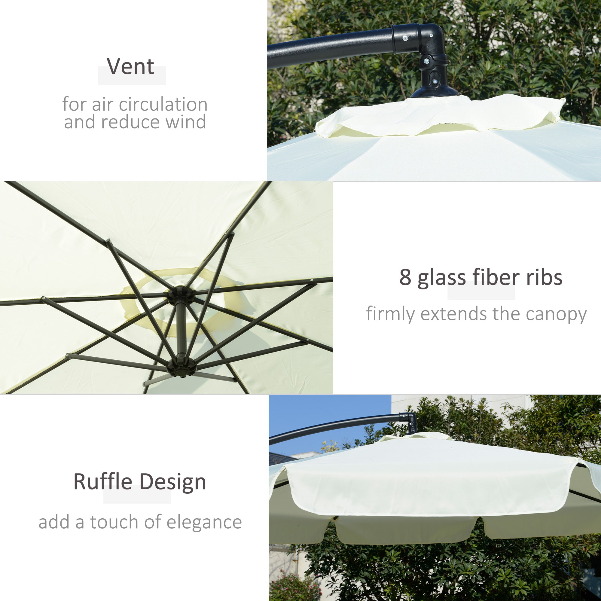 Outsunny 2.7m Garden Banana Parasol Cantilever Umbrella with Crank Handle and Cross Base for Outdoor, Hanging Sun Shade, Cream White - North Peak Garden Furniture