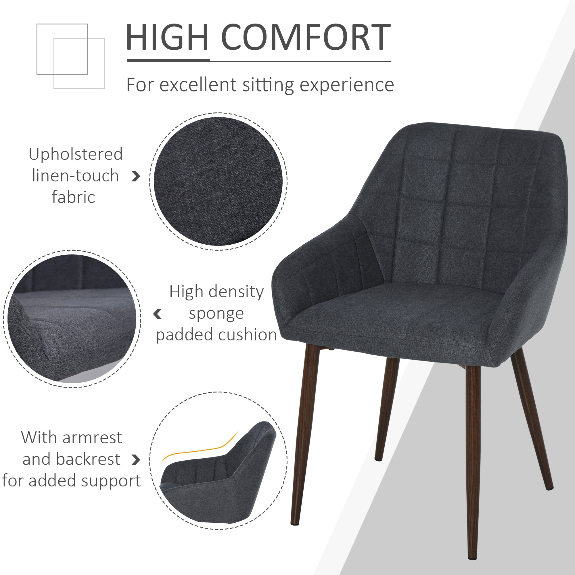 HOMCOM 2 Pieces Linen-Touch Fabric Dining Chair with Grid Pattern Cushion and Backrest, Mid Back Leisure Chair with Steel Leg, Sponge Padded Armchair for Dining Room - North Peak Garden Furniture