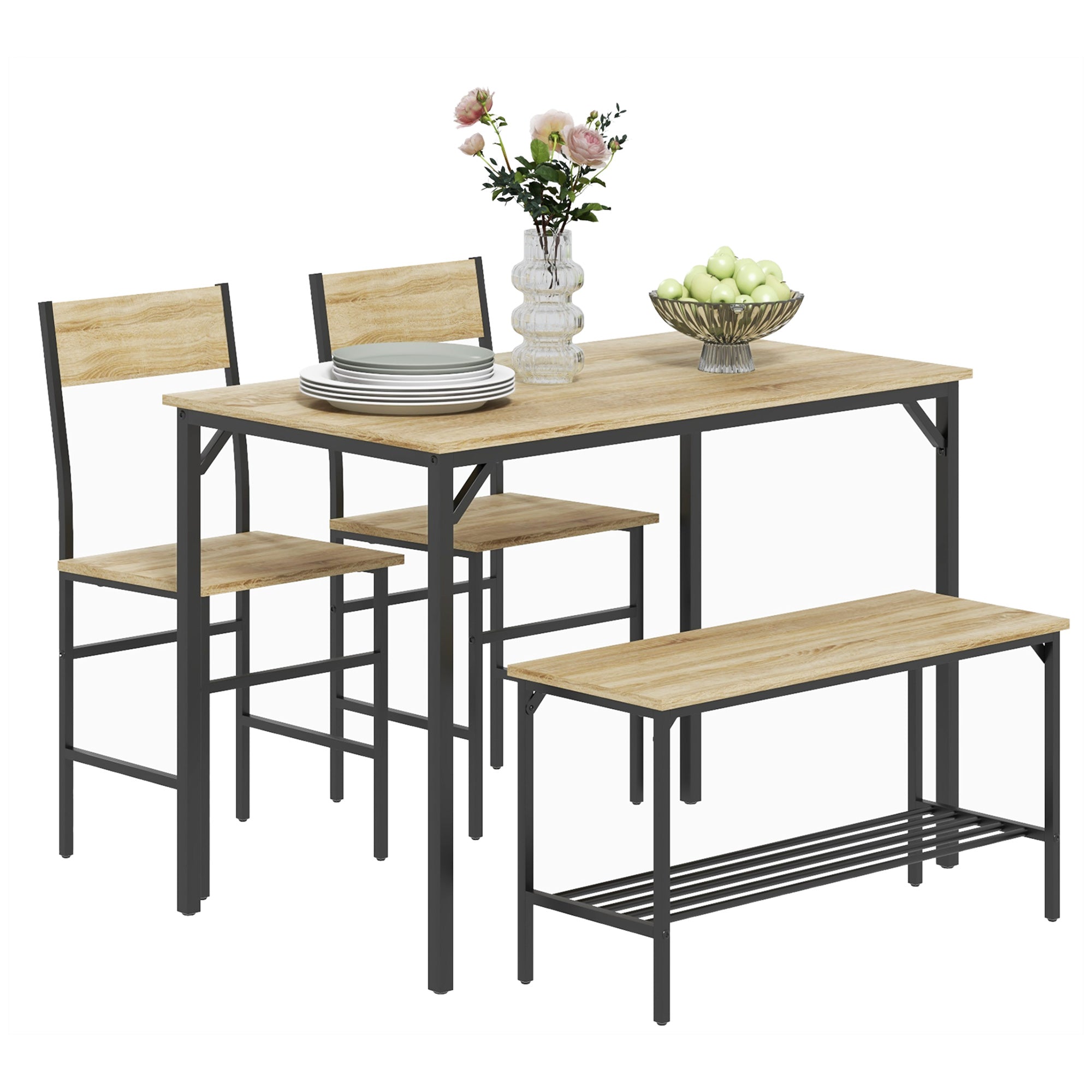 HOMCOM Four-Piece Dining Set, With Table, Chairs and Bench - North Peak Garden Furniture