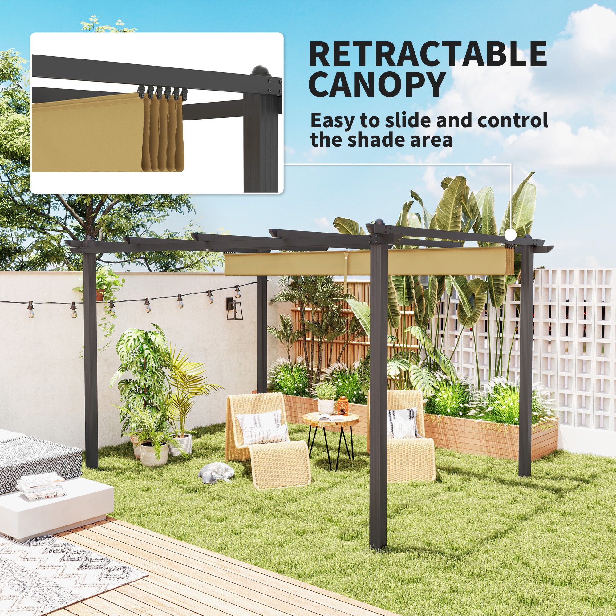 Outsunny 3 x 4m Aluminium Pergola, with Retractable Roof - Khaki - North Peak Garden Furniture