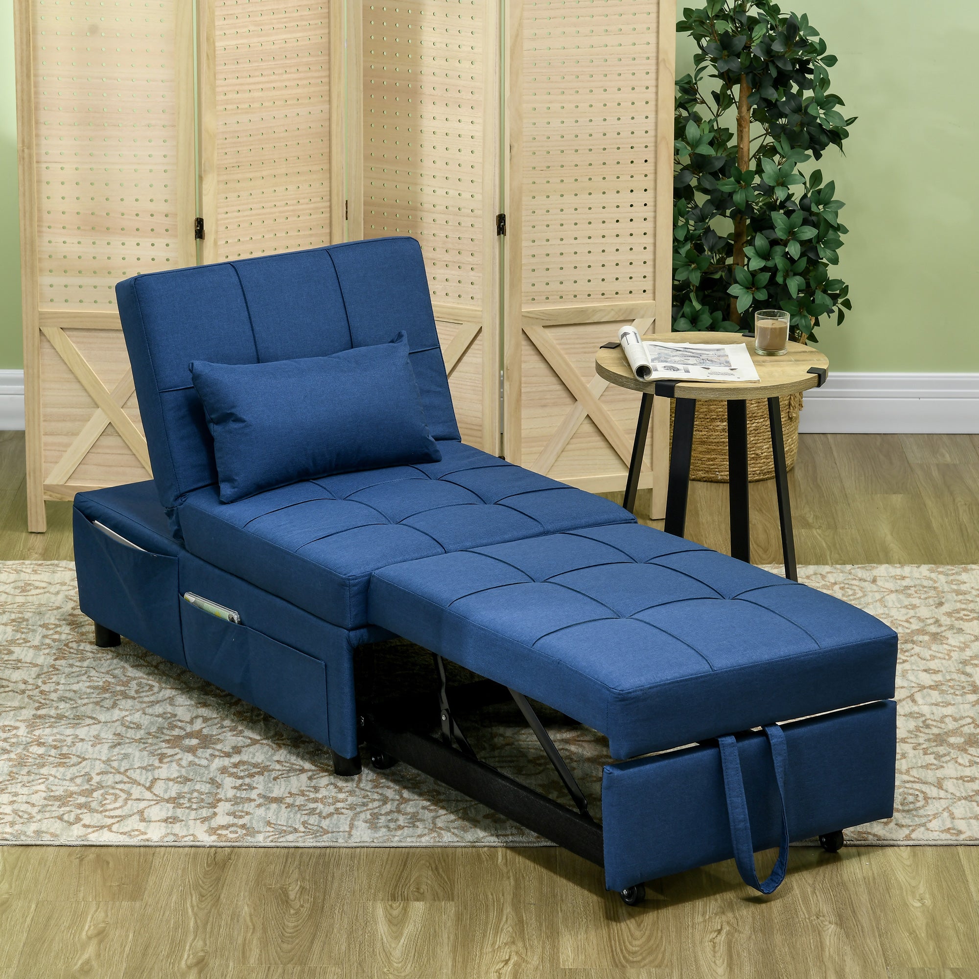 HOMCOM Convertible Chair Bed with Padding Seat, 4-in-1 Multi-Functional Sleeper Sofa Bed, Recliner with Adjustable Backrest, Side Pocket, Wheels and Pillow, for Living Room, Blue - North Peak Garden Furniture