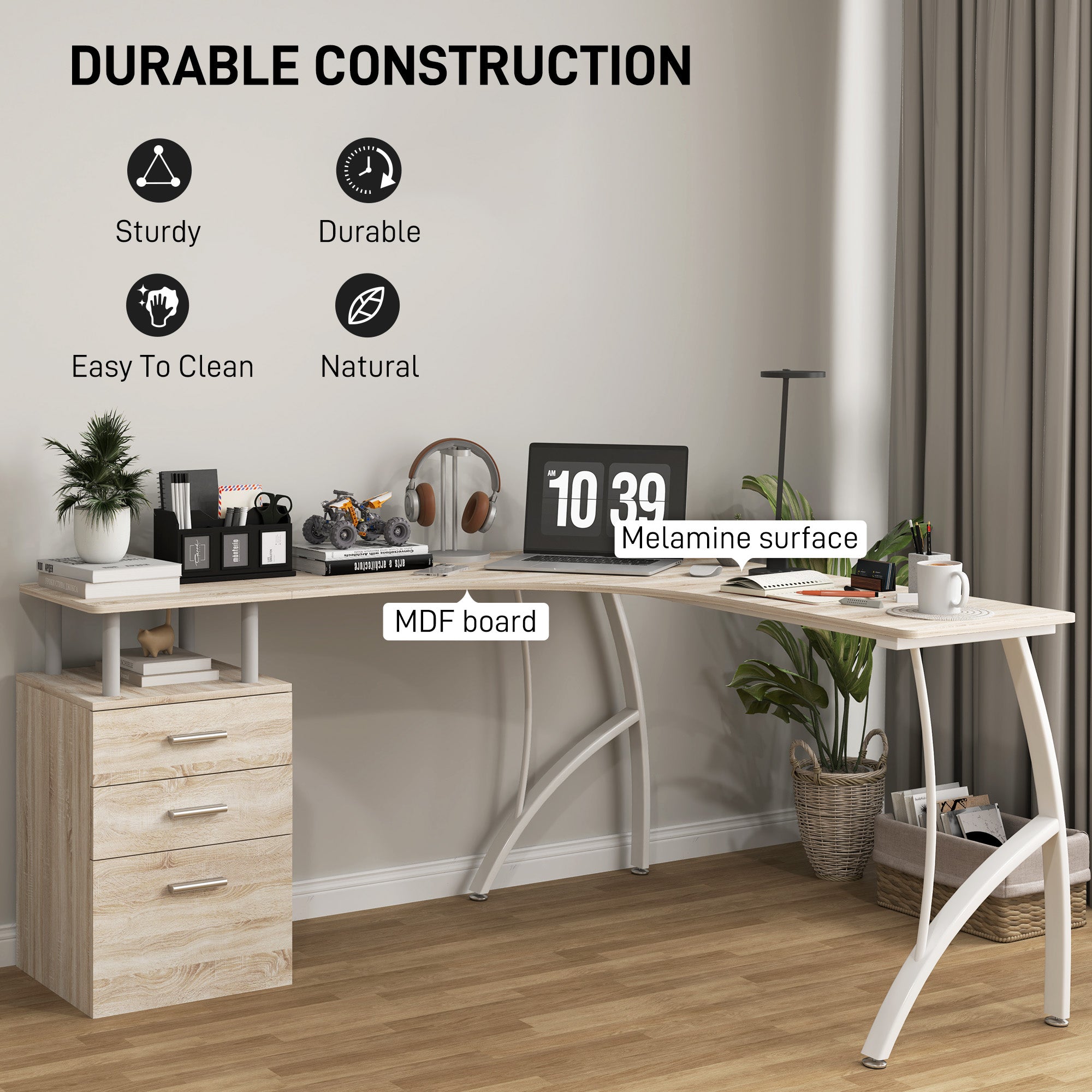 HOMCOM L-Shaped Computer Desk Table with Storage Drawer, Home Office Desk Corner Industrial Style Workstation for A4 Files 143.5 x 143.5 x 76cm, Oak - North Peak Garden Furniture