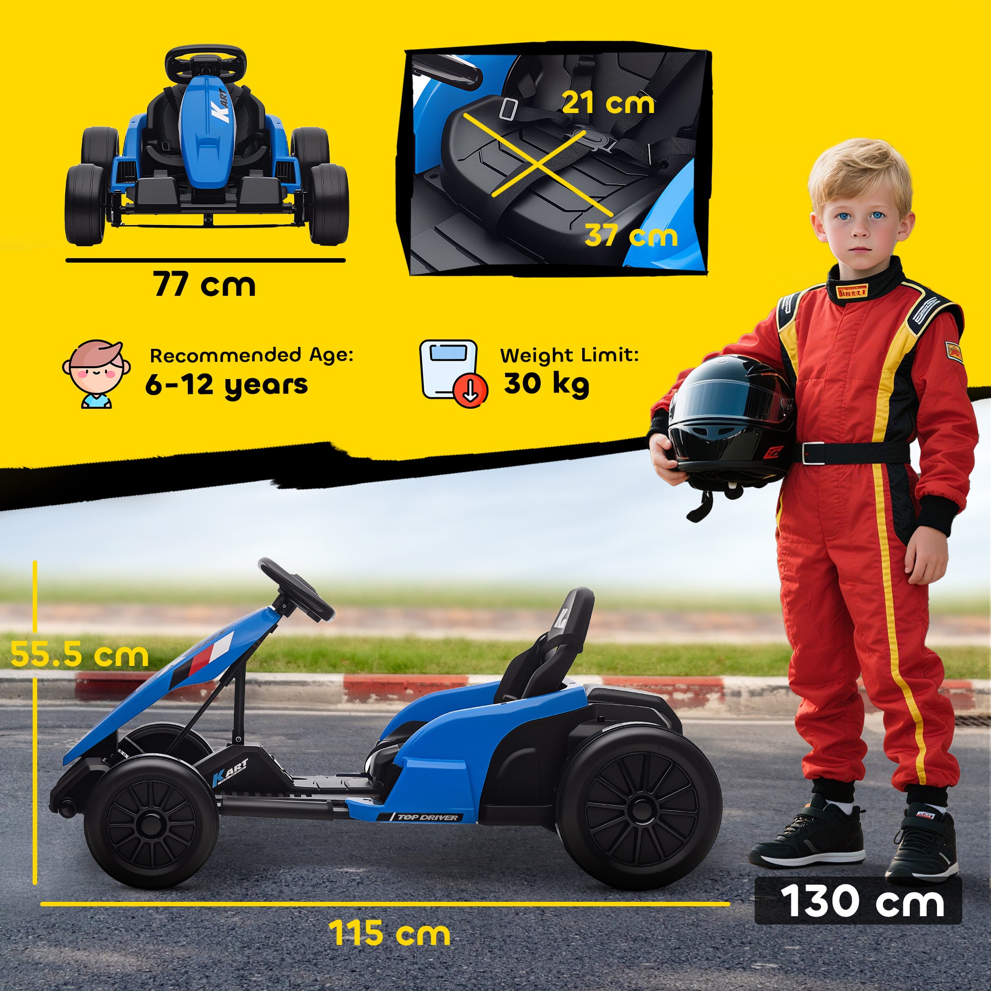 AIYAPLAY 24V Electric Go Kart, Drift Kart with Adjustable Seat, Slow Start, 5-Point Harness, Music, Horn, for 6-12 Years, Blue