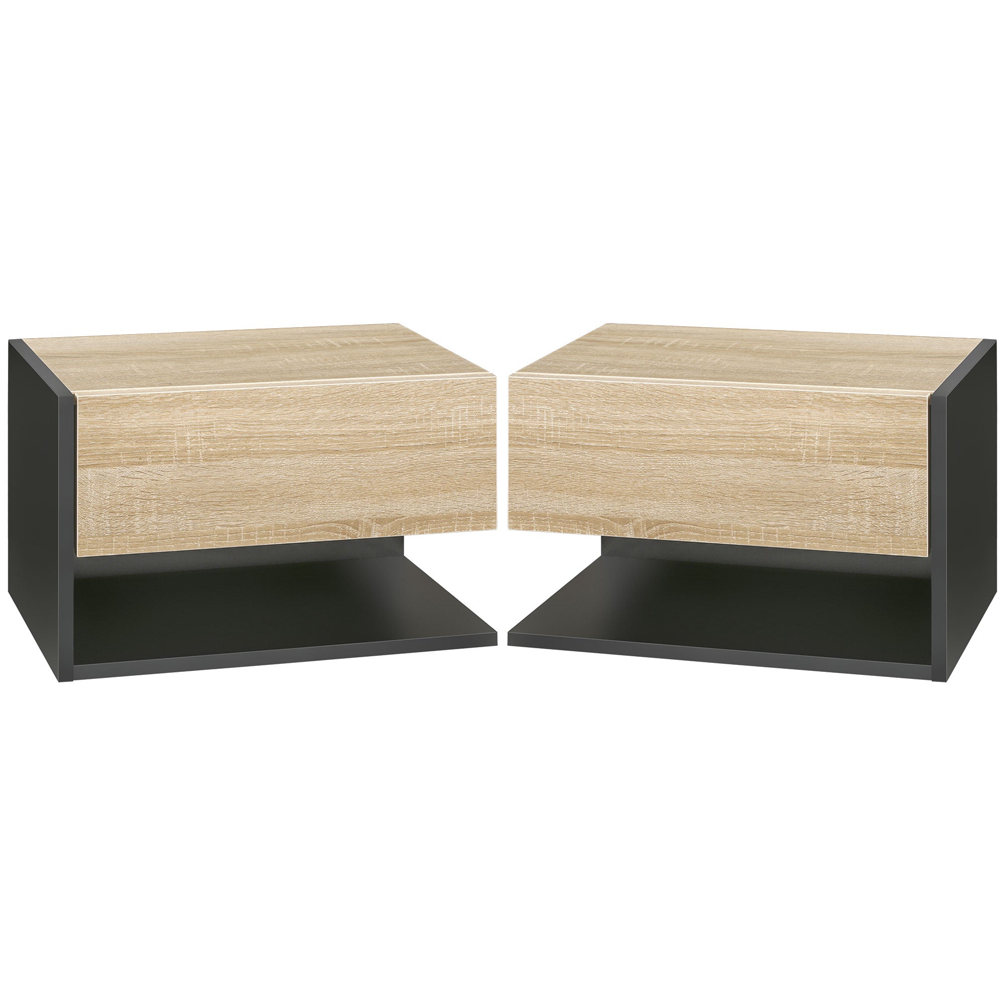 HOMCOM Floating Bedside Table Set of 2, Wall Mounted Bedside Cabinet with Drawer and Open Shelf, Modern Nightstand for Bedroom, 46 x 30 x 30 cm, Oak Tone