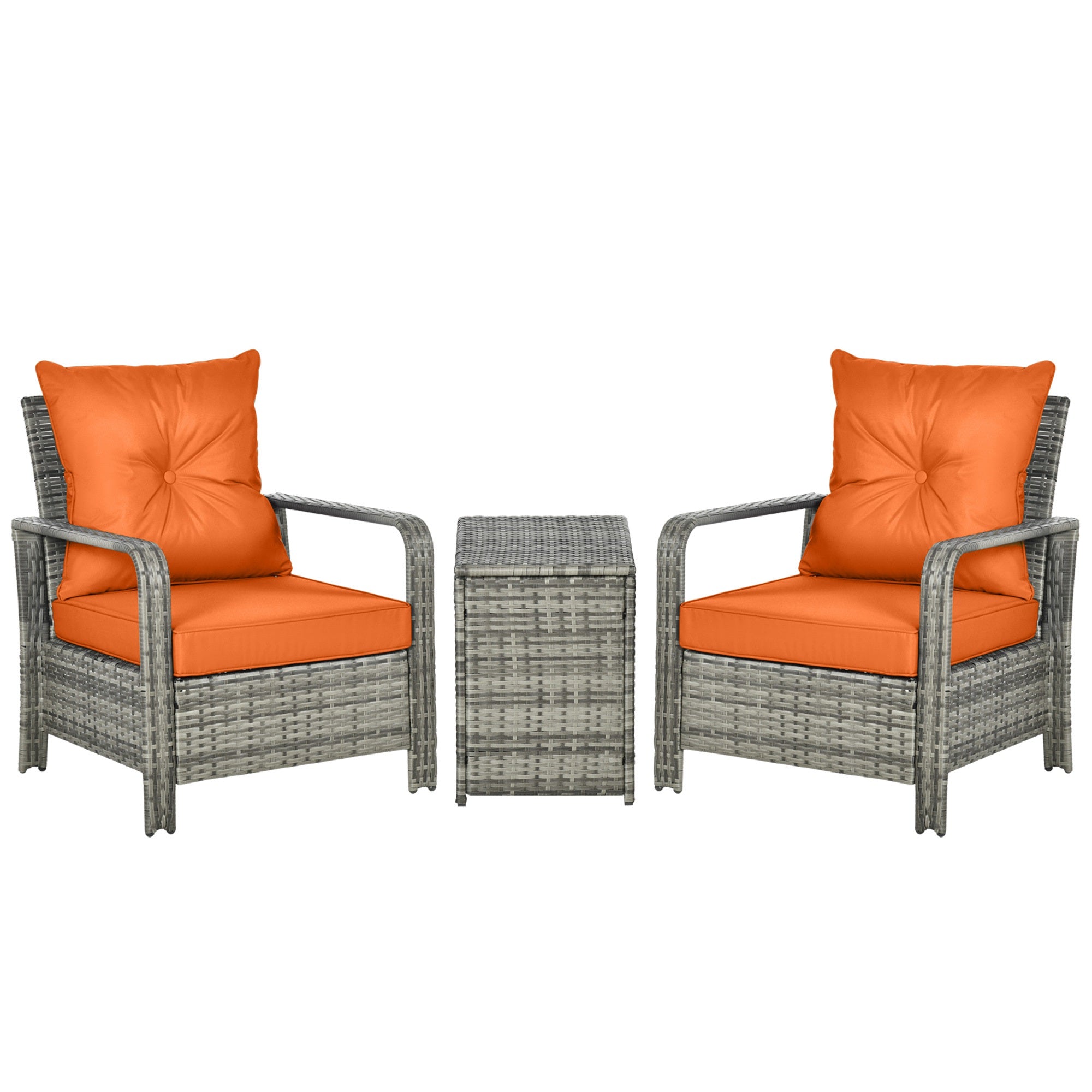 Outsunny 3 Pieces Rattan Bistro Set, Wicker Garden Furniture Set with Storage  Coffee Table and Chairs, Thickened Cushions for Outdoor, Patio, Balcony, Orange