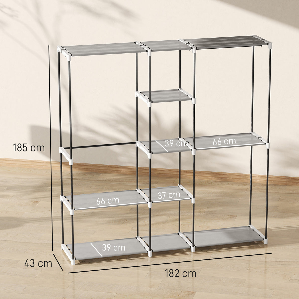 HOMCOM Portable Wardrobe, Open Clothes Wardrobe with 8 Shelves, 3 Hanging Rails, Light Grey