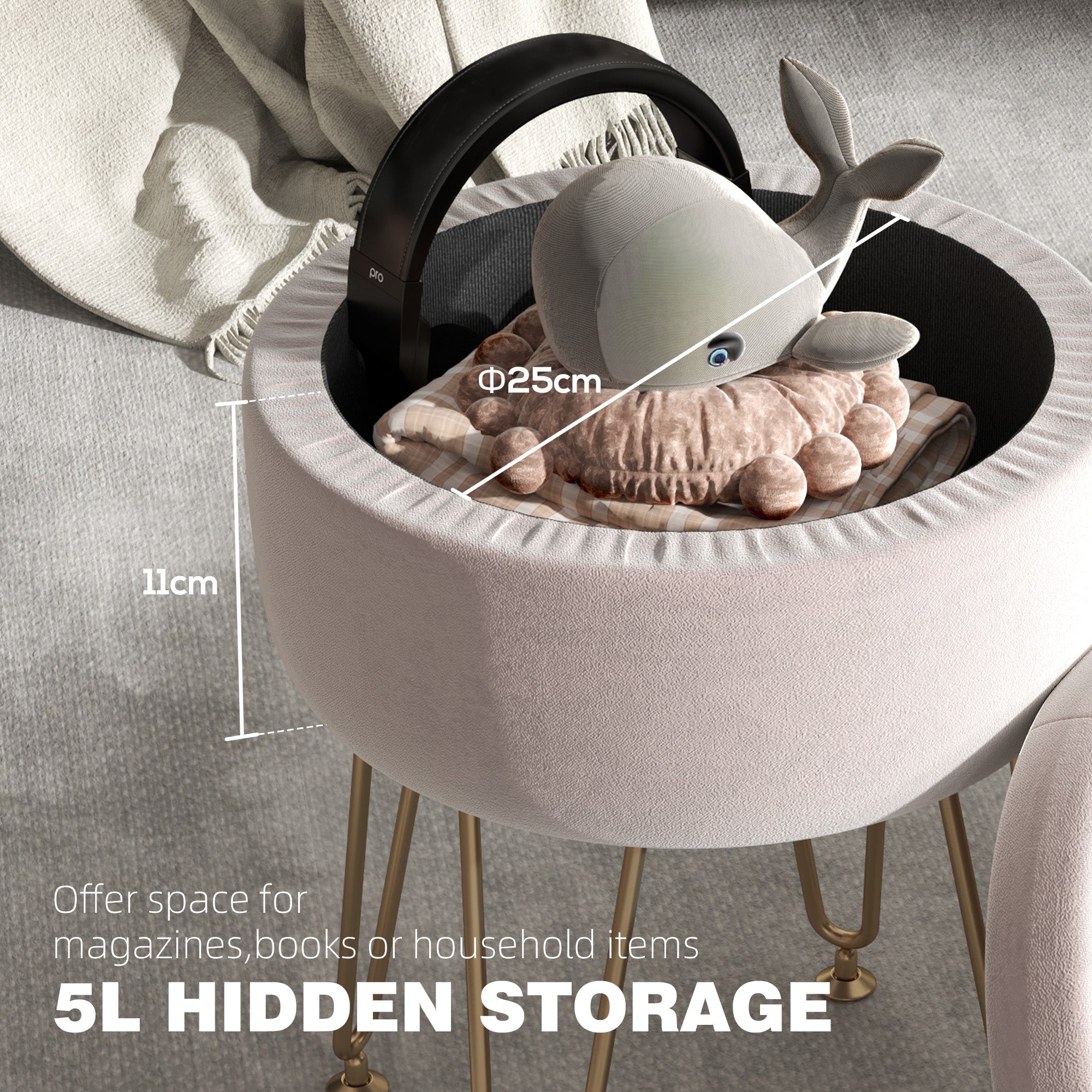 HOMCOM 5L Velvet-Feel Storage Ottoman - Light Pink - North Peak Garden Furniture
