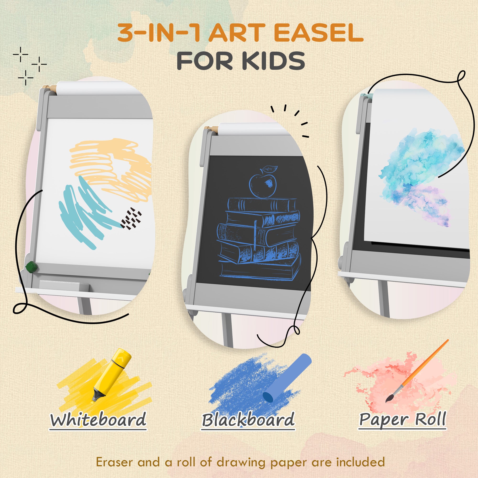 AIYAPLAY Art Easel for Kids with Paper Roll, Double Sided Painting Easel with Chalk Board, White Board - North Peak Garden Furniture