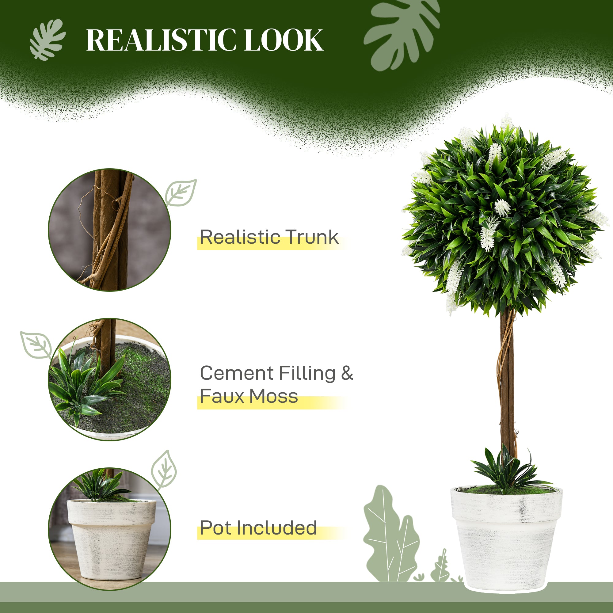 HOMCOM Set of 2 Decorative Artificial Plants Ball Trees with Flower for Home Indoor Outdoor Decor, 60cm ,White - North Peak Garden Furniture
