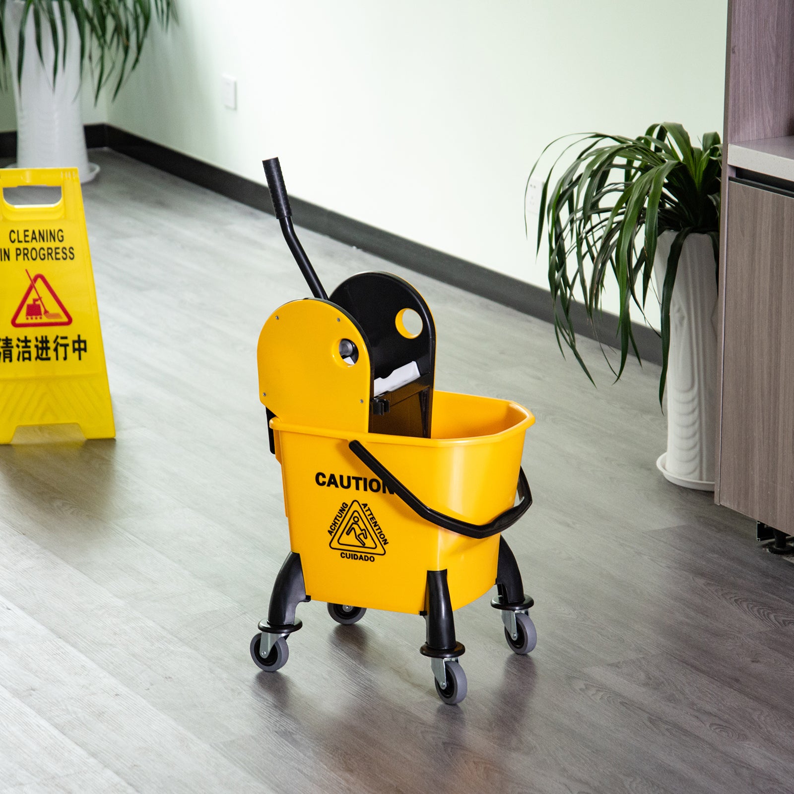 HOMCOM 26L Mop Bucket & Water Wringer w/ 4 Wheels Plastic Body Metal Handle Pole Holder Home Commercial Cleaning Floor Cart Yellow - North Peak Garden Furniture