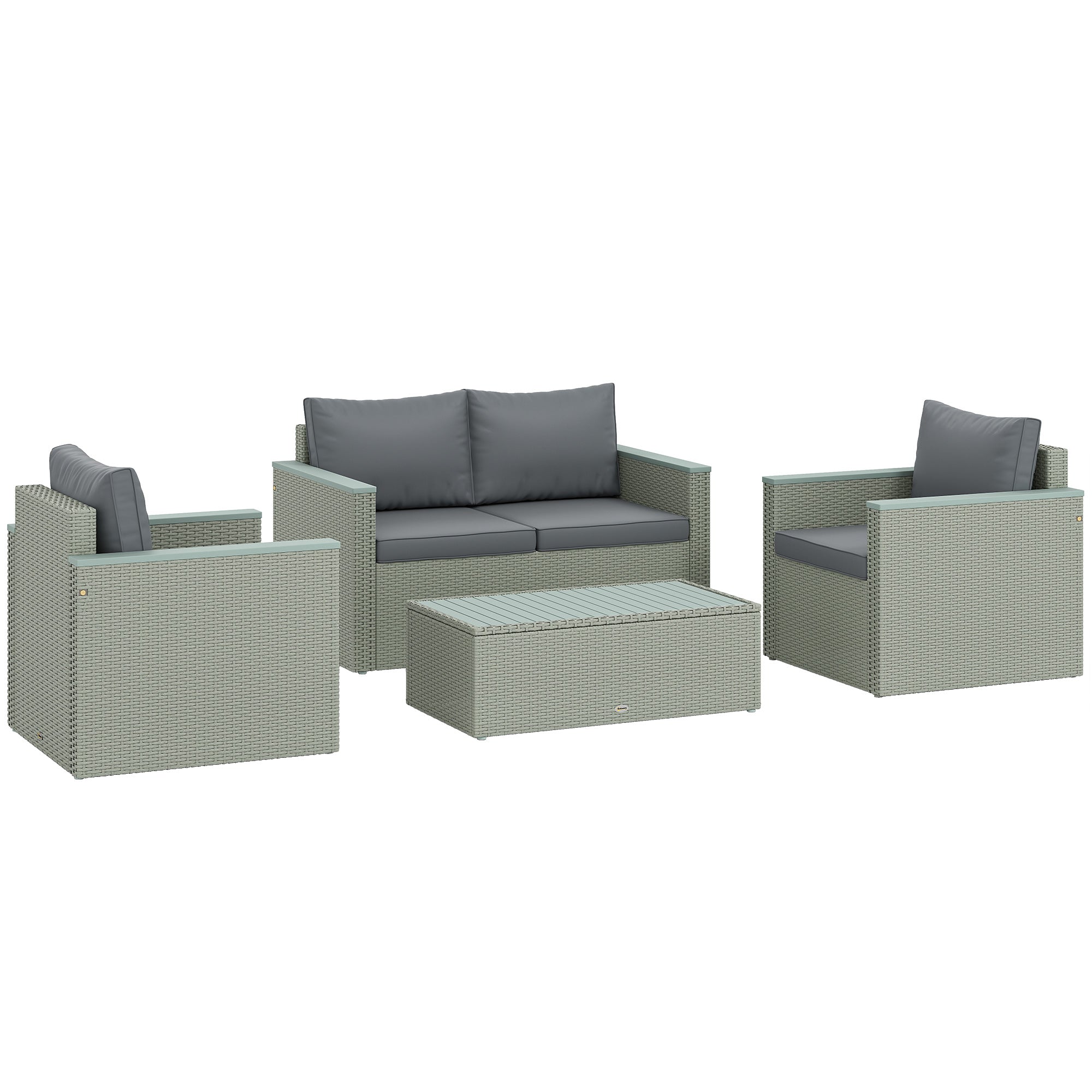 Outsunny 4 Piece Rattan Garden Furniture Set, 4 Seater Wicker Outdoor Sofa Set with 2 Armchairs, Loveseat, Acacia Wood Top Coffee Table, Cushions, Patio Conservatory Set for Balcony, Light Grey - North Peak Garden Furniture