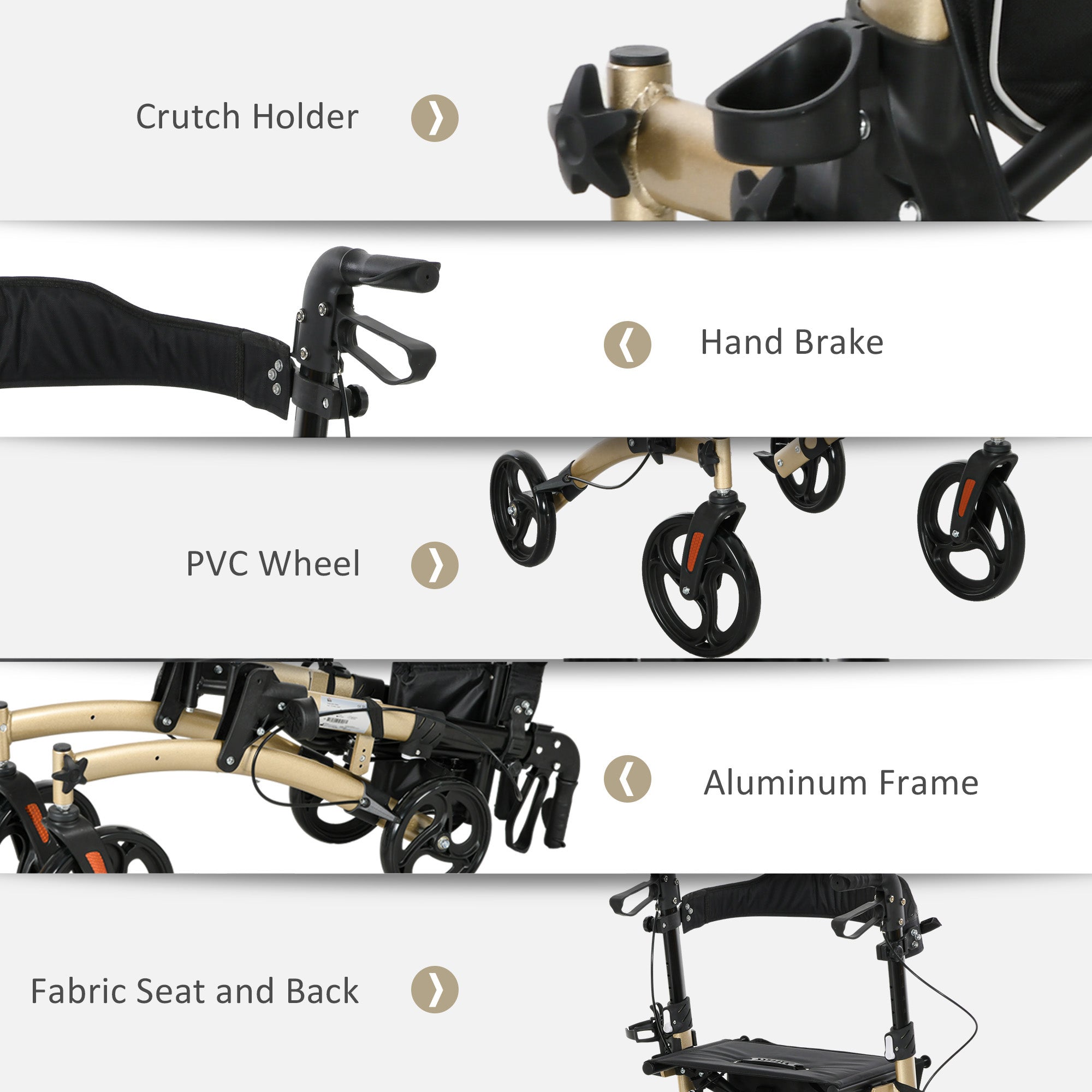 HOMCOM Folding Rollator with Cane Holder, Adjustable Handle Height and Aluminum Frame, 4 Wheeled Mobility Walker with Seat and Bag, Gold - North Peak Garden Furniture