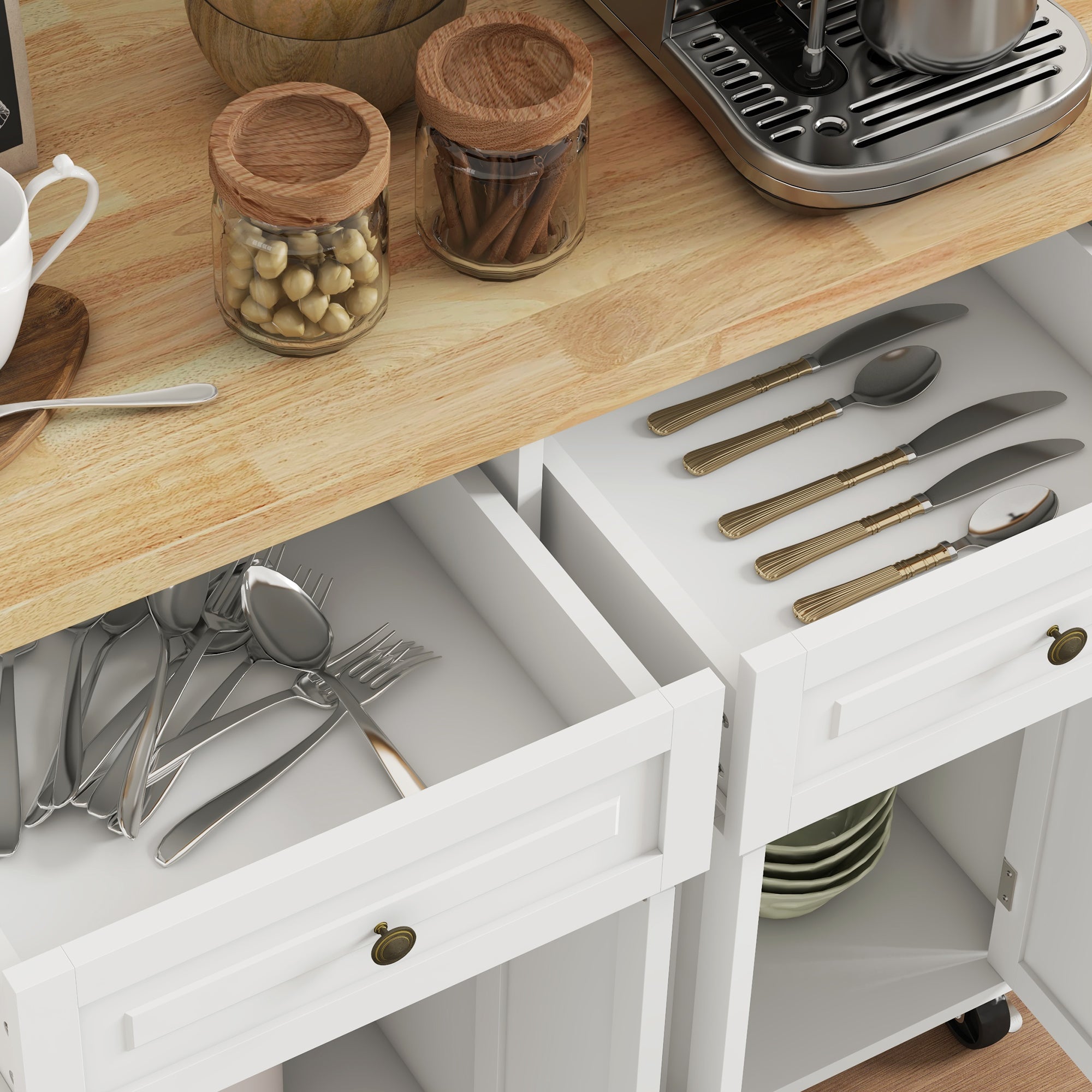 HOMCOM Rolling Kitchen Island Storage Trolley with Rubber Wood Top & Drawers for Dining Room, Cream White - North Peak Garden Furniture
