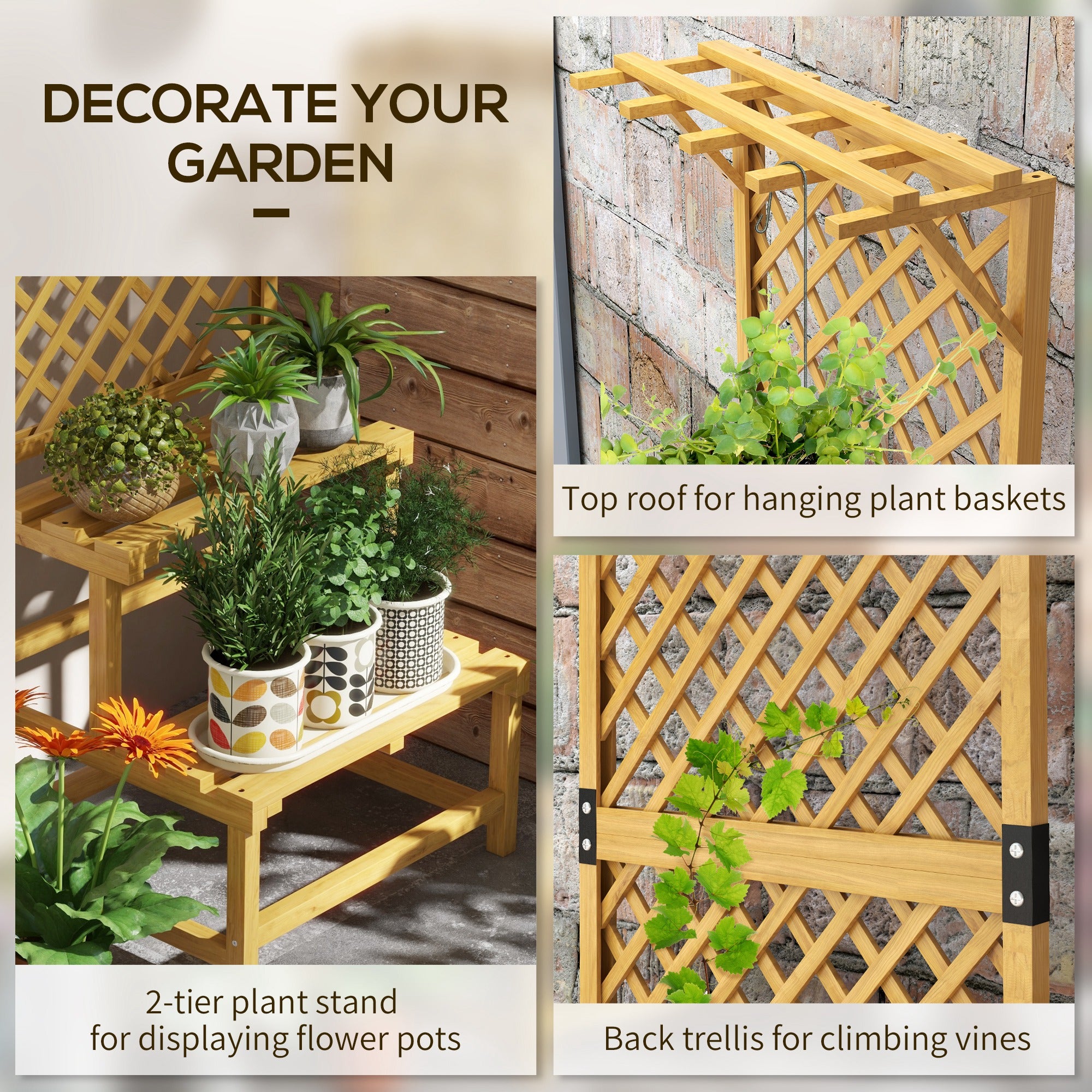 Outsunny Wooden Plant Stand with Trellis, Freestanding Raised Garden Bed for Climbing Plants, Planter Box to Grow Vegetables, Herbs and Flowers for Garden, Patio, Yellow - North Peak Garden Furniture