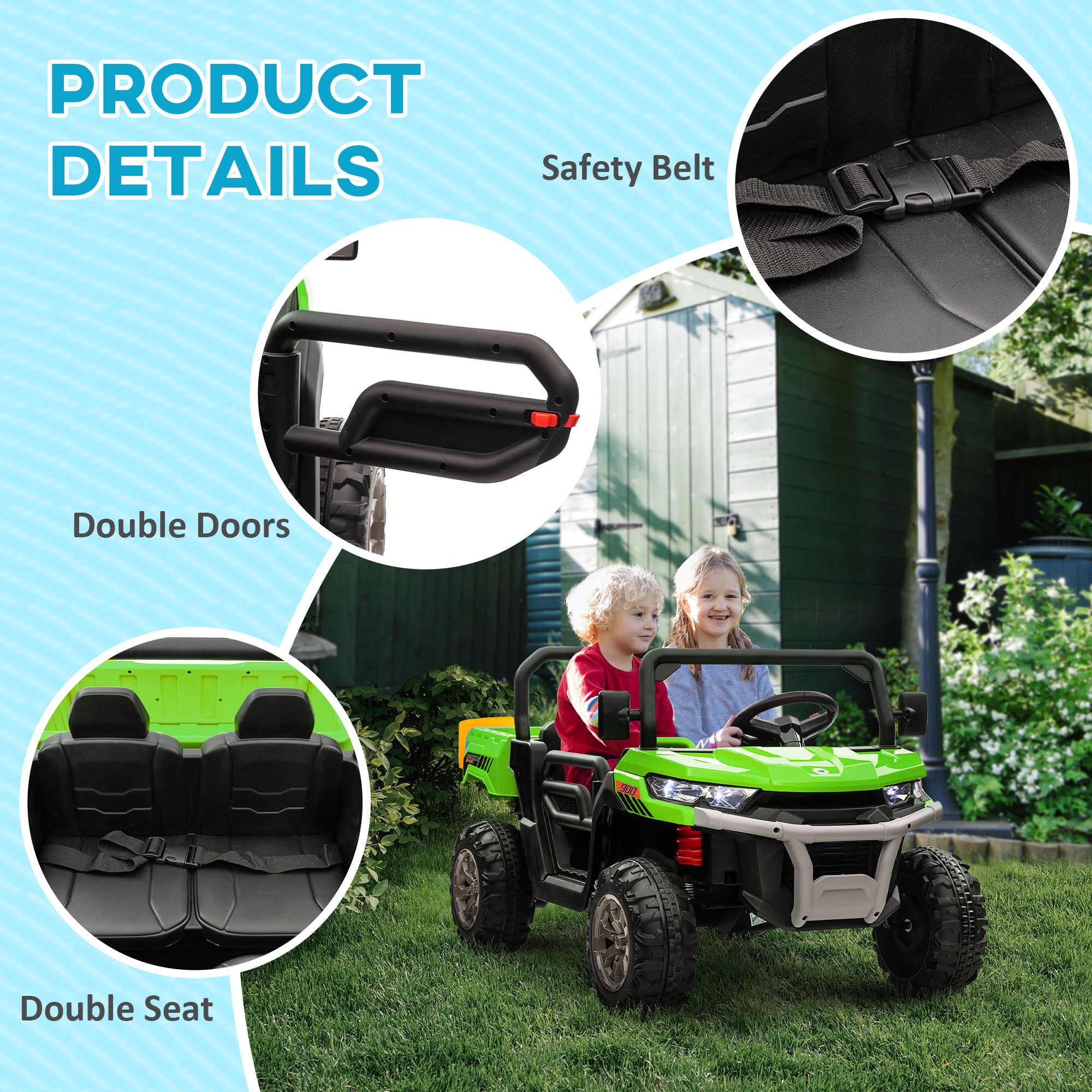 HOMCOM 12V 2 Seater Kids Electric Ride-On Car with Electric Bucket, Remote Control - Green - North Peak Garden Furniture