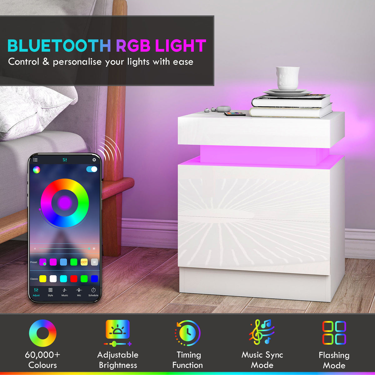 HOMCOM White Bedside Table with LED Light, High Gloss Front Nightstand with 2 Drawers, for Living Room, Bedroom, Set of 2