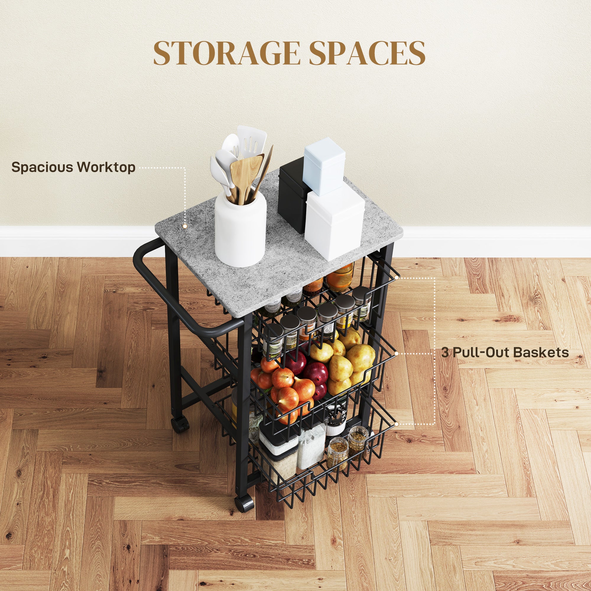 HOMCOM Three Basket Mobile Kitchen Island, with Brakes - Grey/Black - North Peak Garden Furniture