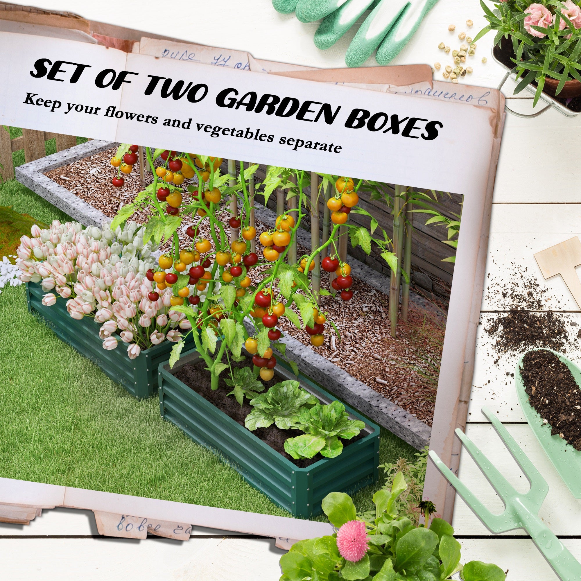 Outsunny Steel Raised Beds for Garden, Outdoor Planter Box, Set of 2, for Flowers, Herbs and Vegetables, Green - North Peak Garden Furniture