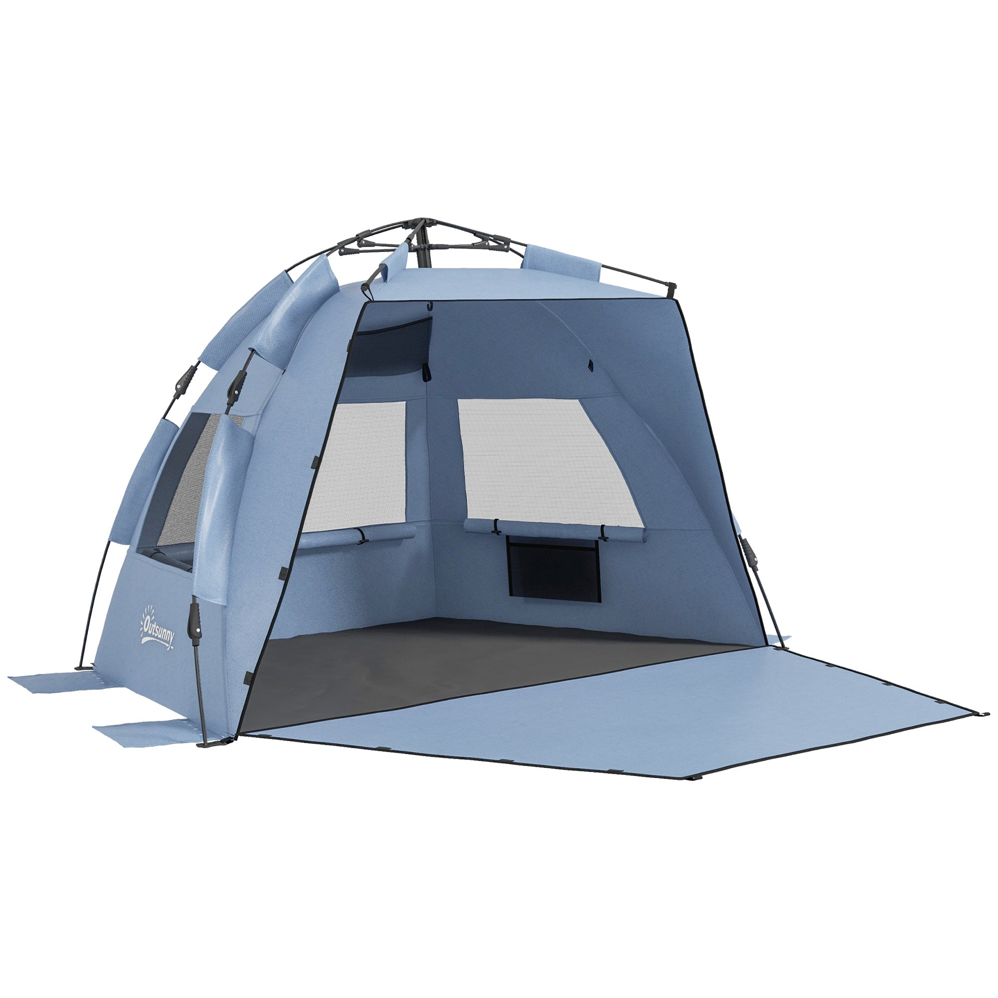 Outsunny 2-3 Person Pop Up Beach Tent, UPF15+ Sun Shelter with Extended Floor, Sandbags, Mesh Windows and Carry Bag, Light Blue - North Peak Garden Furniture