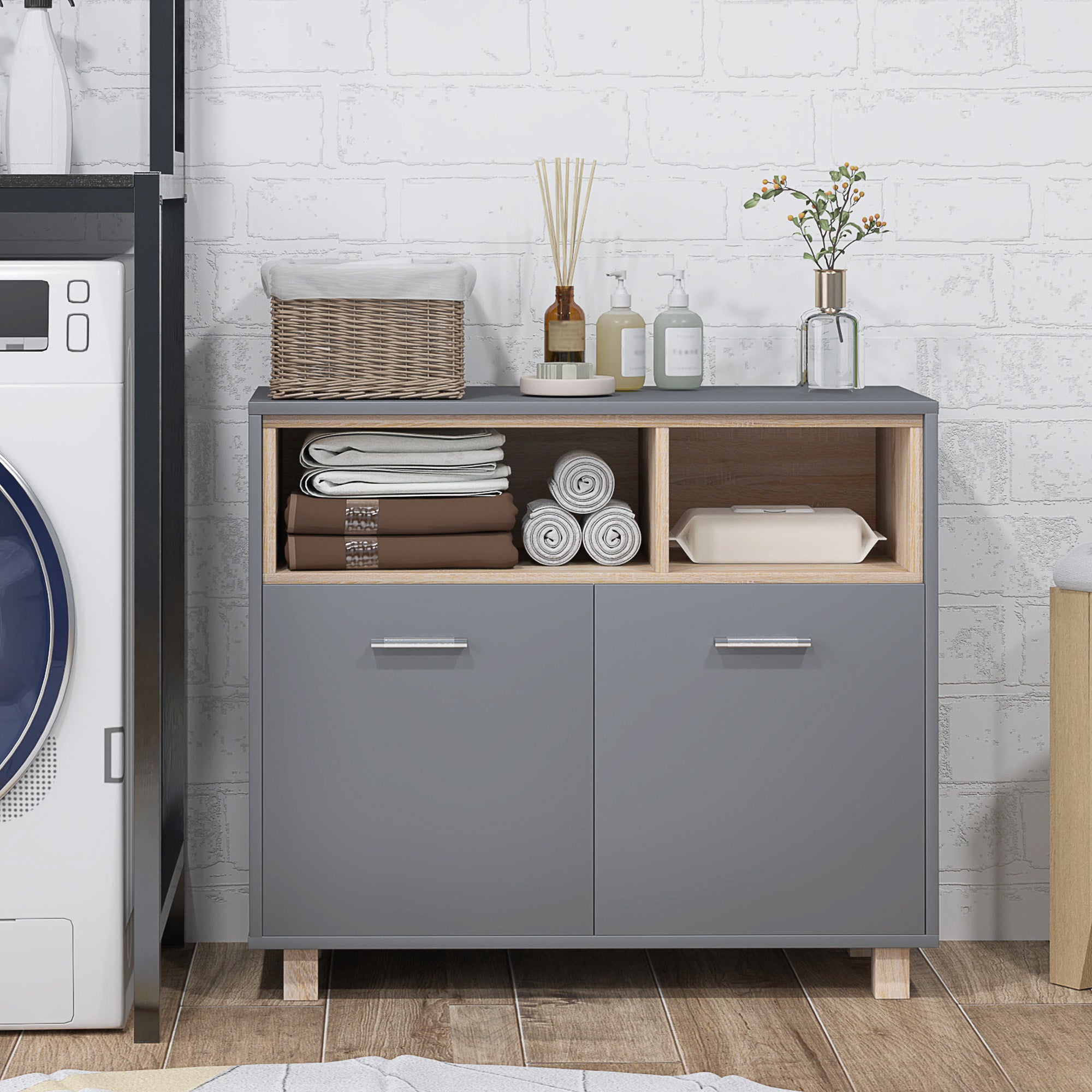 HOMCOM Freestanding Bathroom Cabinet, Bathroom Storage Unit, Bathroom Storage Cabinet with Open Compartments and Double Doors - North Peak Garden Furniture