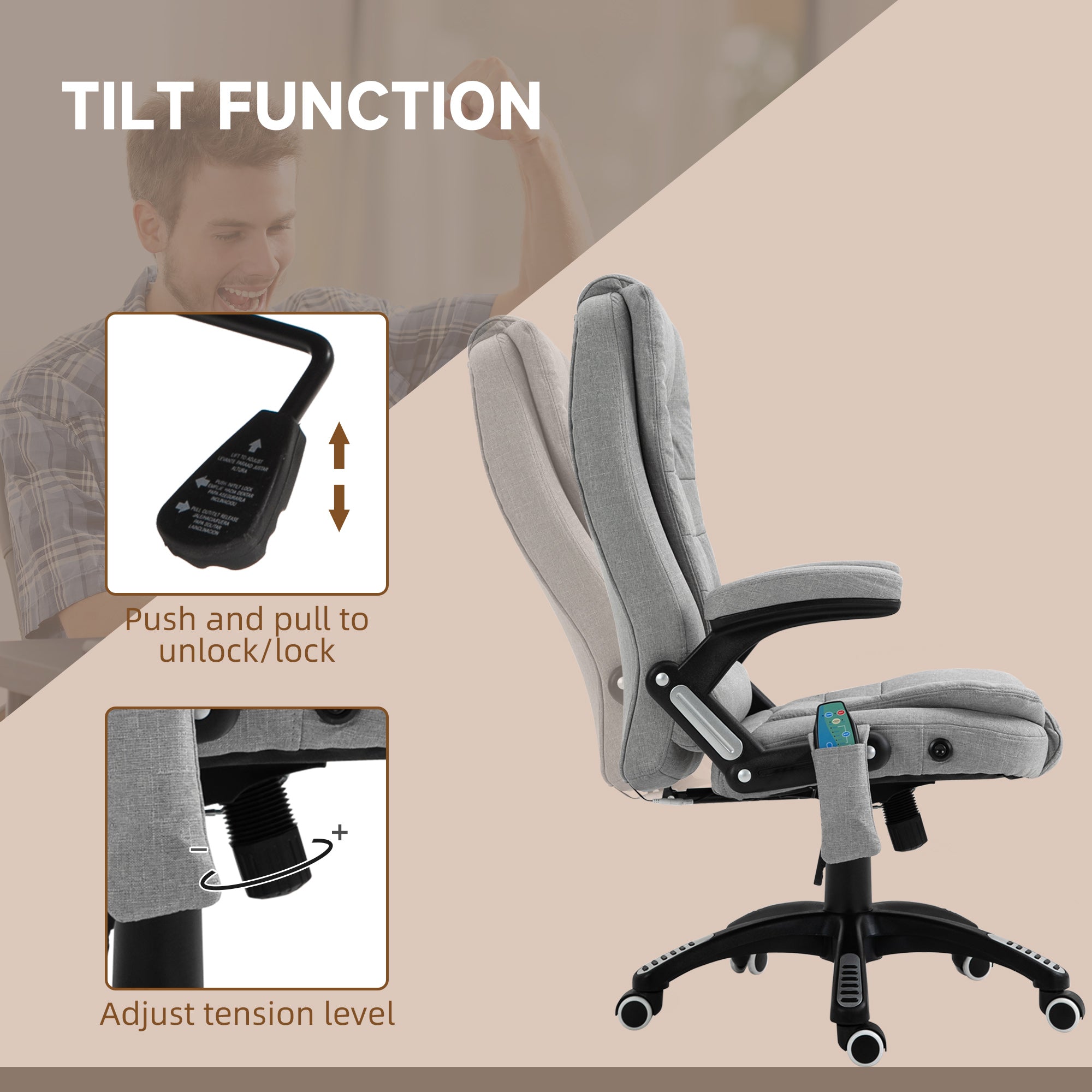 Vinsetto Office Chair, Ergonomic Desk Chair with 6-Point Massage and Back Heated, Linen-Feel Fabric Computer Gaming Chair with Arms, Lumbar Support, Light Grey - North Peak Garden Furniture