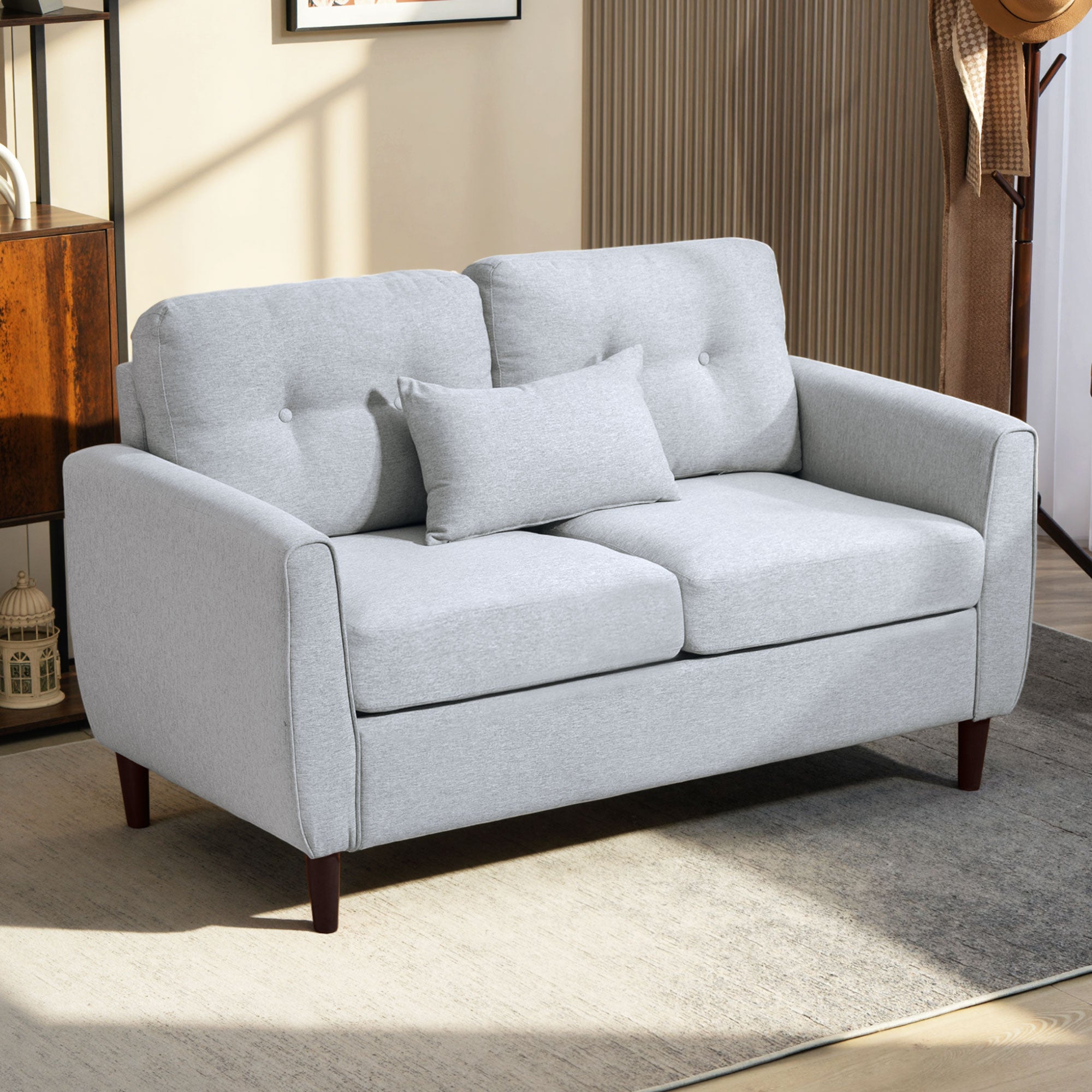 HOMCOM 2 Seater Sofa Double Sofa Loveseat Fabric Wooden Legs Tufted Design for Living Room, Dining Room, Office, Light Grey