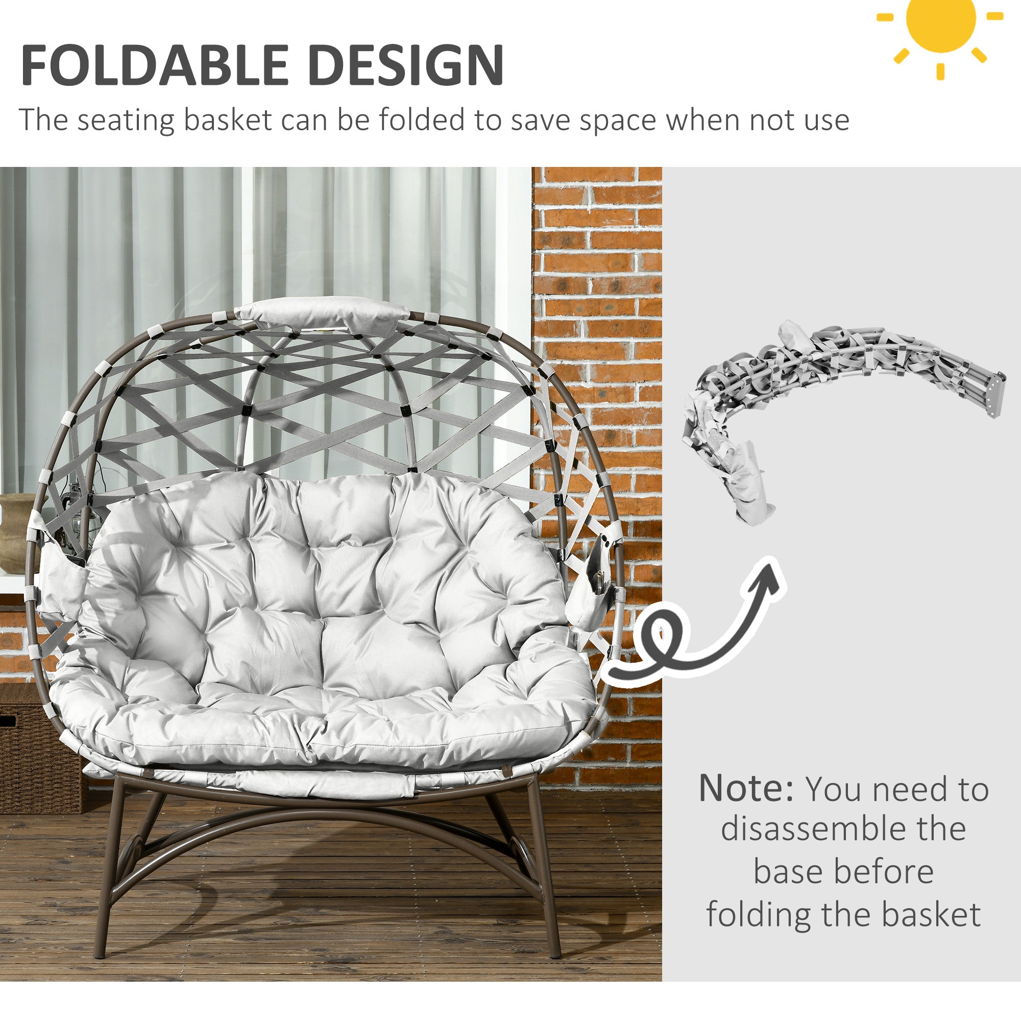 Outsunny 2 Seater Egg Chair Outdoor, Folding Weave Garden Furniture Chair with Cushion, Cup Pockets - Light Grey - North Peak Garden Furniture