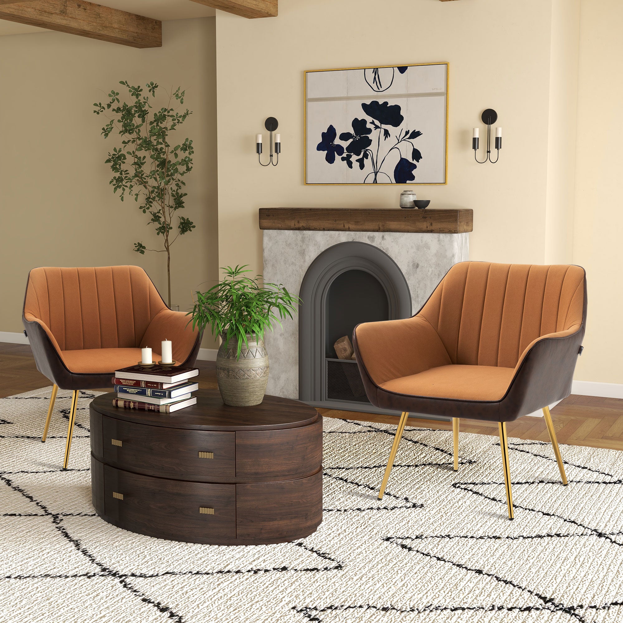 HOMCOM Velvet Armchairs, Upholstered Accent Chairs with Golden Steel Legs, Modern Vanity Chairs for Living Room and Bedroom, Set of 2, Light Brown - North Peak Garden Furniture