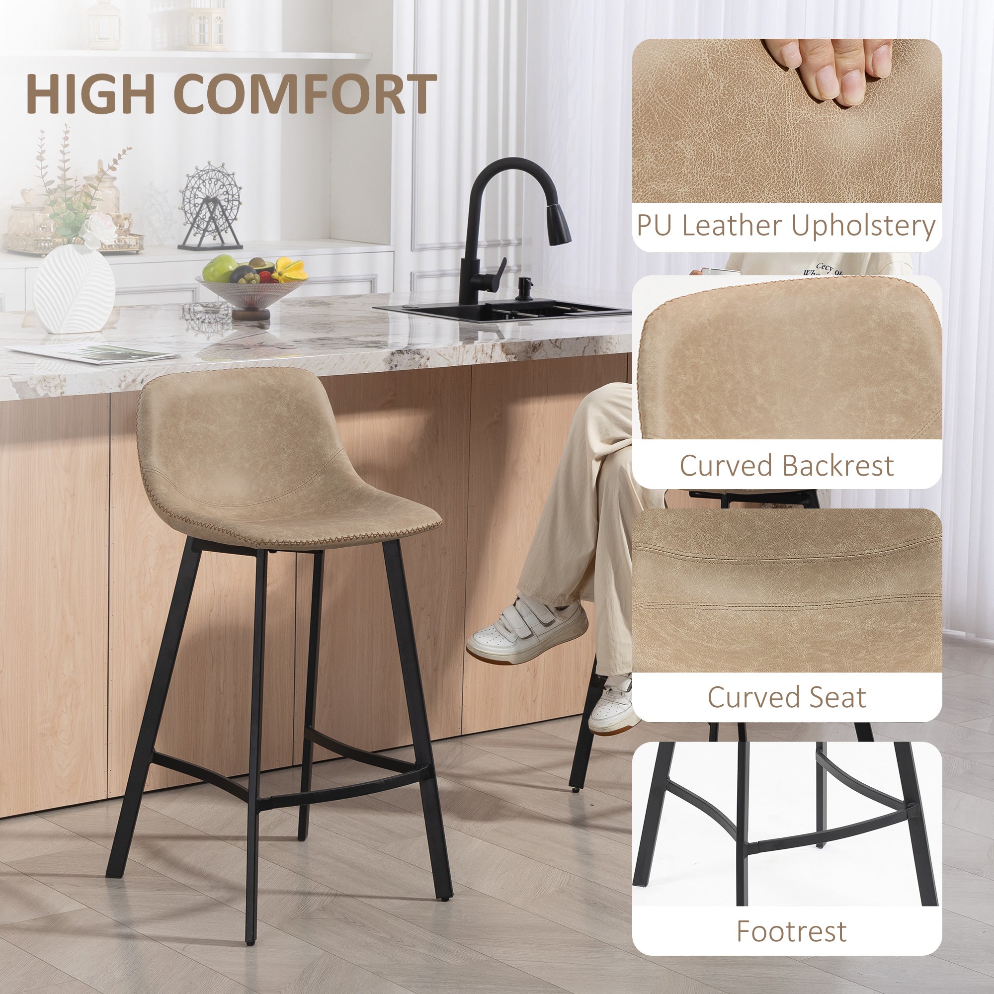 HOMCOM Bar Stools Set of 2, PU Leather Dining Stools with Backrest, Footrest, for Kitchen, Counter, Breakfast Bar, Light Brown