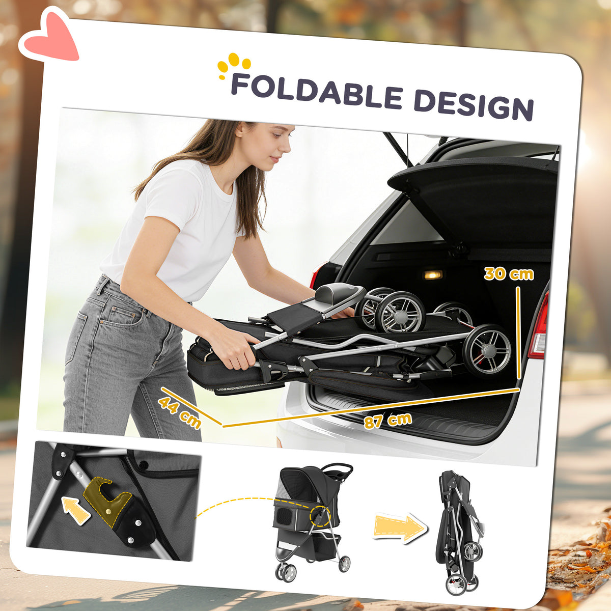 PawHut Dog Stroller, 3 Wheels Foldable Pet Stroller with Adjustable Canopy, Storage Basket for Small Mini Breeds, Dark Grey
