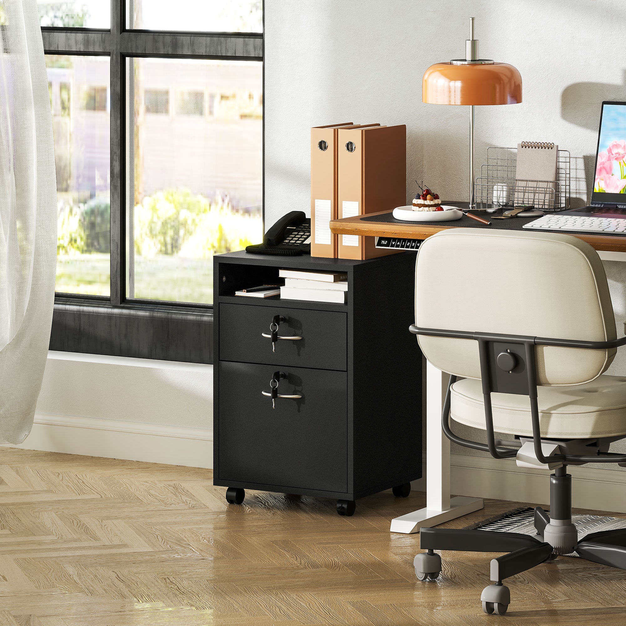 HOMCOM 60cm Filing Cabinet with Drawer, Open Shelf, Metal Handles and 4 Wheels, Office Home Organiser Mobile Printer with Two Locks, Black - North Peak Garden Furniture