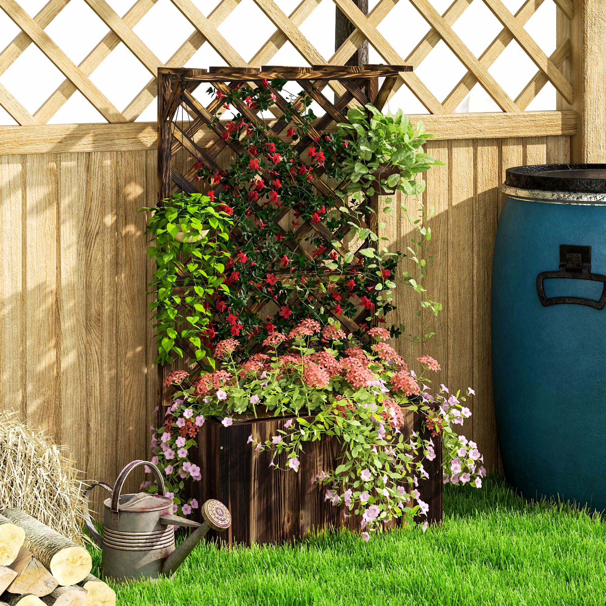 Outsunny Wooden Planter with Trellis, Freestanding Raised Garden Bed with Drainage Holes, Outdoor Planter Box with Liner for Vegetables, Herbs and Flowers, Carbonised - North Peak Garden Furniture