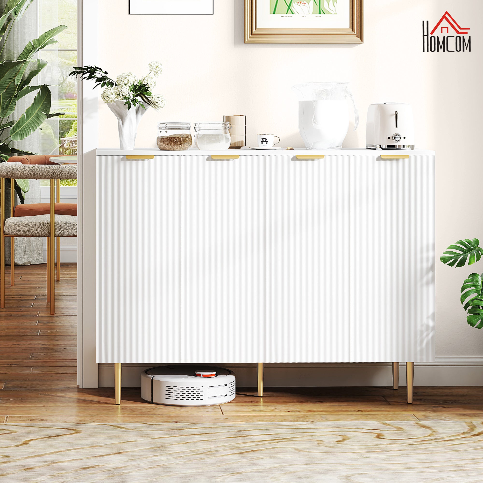 HOMCOM Sideboard Buffet Cabinet, Modern Kitchen Storage Cabinet with 4 Doors and Adjustable Shelves, Living Room Cabinet with Metal Legs for Hallway, White - North Peak Garden Furniture