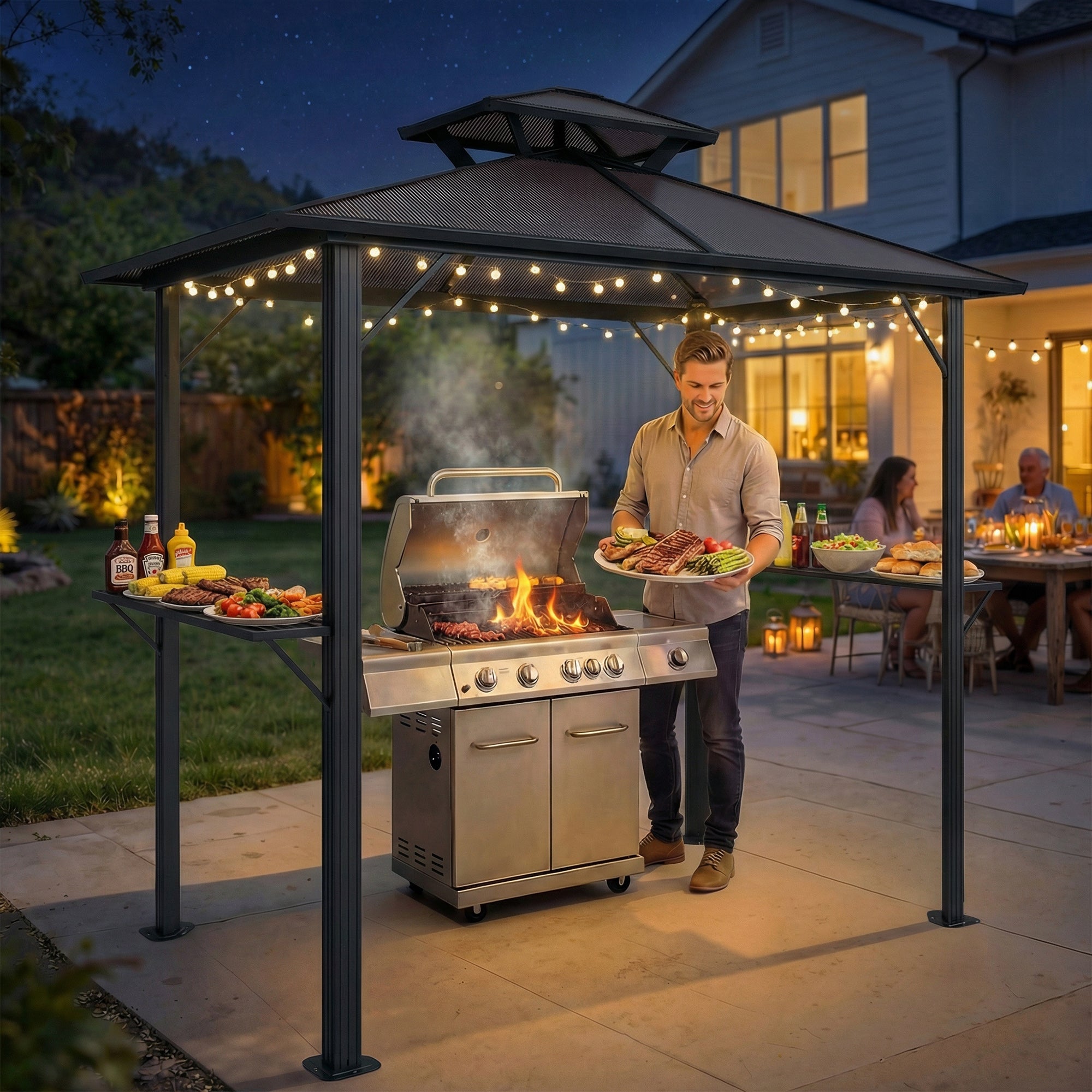 Outsunny 2.5 x 1.5 m Hardtop Grill Gazebo with Double Roof, Aluminium Outdoor BBQ Gazebo Shelter with 2 Side Shelves, Brown
