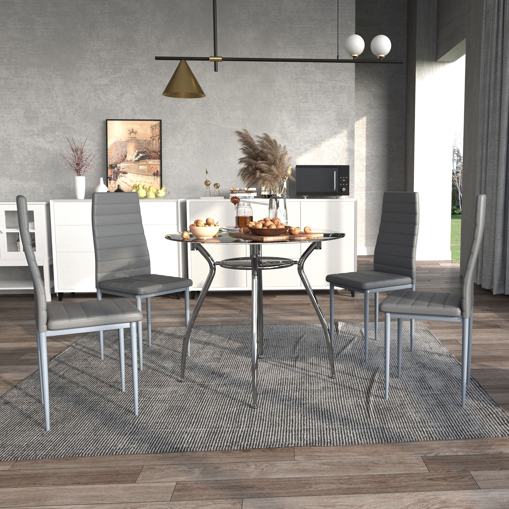 HOMCOM Five-Piece Dining Set, with Padded Chairs and Glass-Top Table - Grey - North Peak Garden Furniture