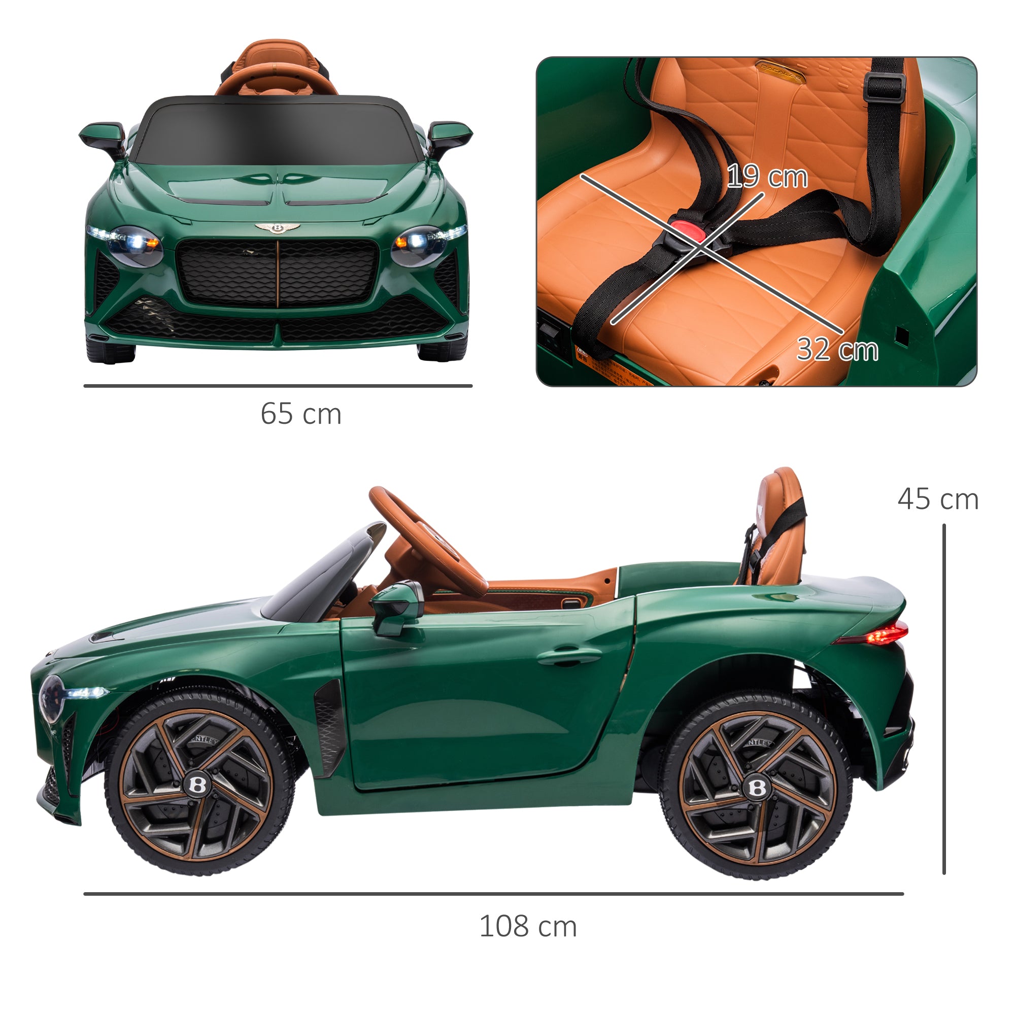 HOMCOM Bentley Bacalar Licensed 12V Kids Electric Car, with Remote Control, Horn, Lights, Music, Suspension Wheels, Green - North Peak Garden Furniture