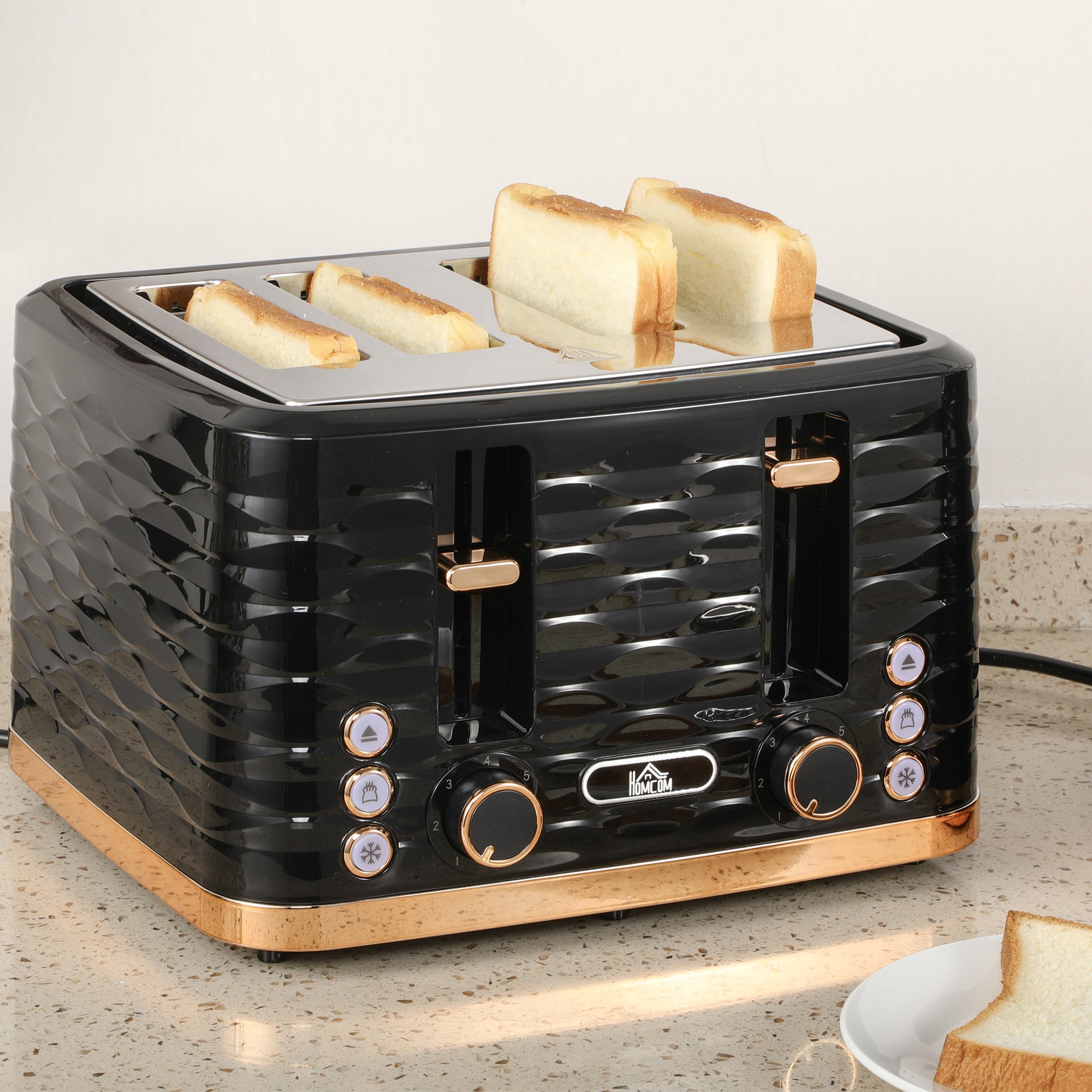 HOMCOM 4 Slice Toaster with 7 Browning Levels, High Lift, Reheat/Defrost/Cancel, Self-centring Function, Removable Crumb Tray, Auto Off, 1600W, Black Water Ripple Texture