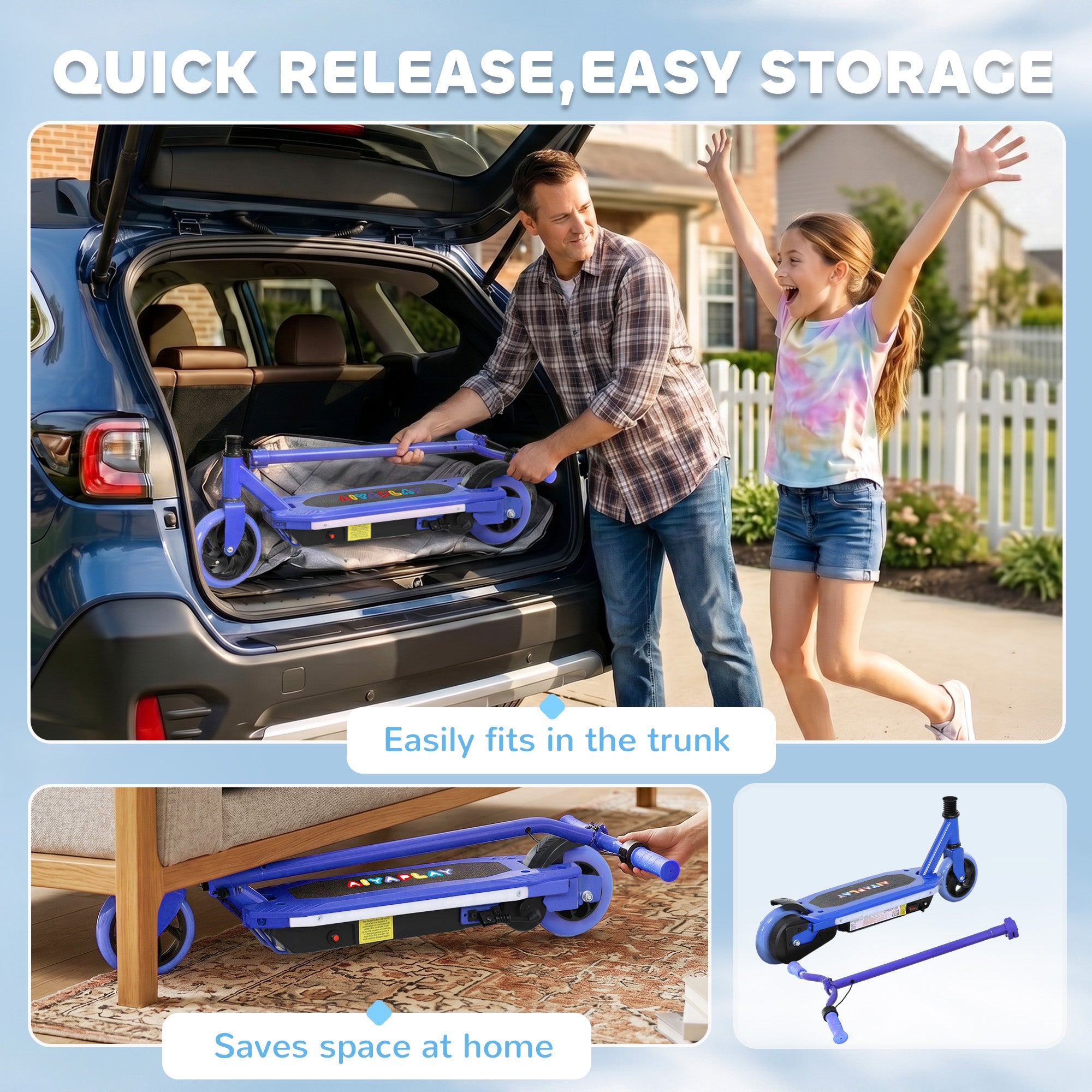 AIYAPLAY Electric Scooter for Ages 6-14, with Colourful Light and Electric Brake, Electric Scooter E Scooter, Up to 10 KM/H & 8 KM, Blue