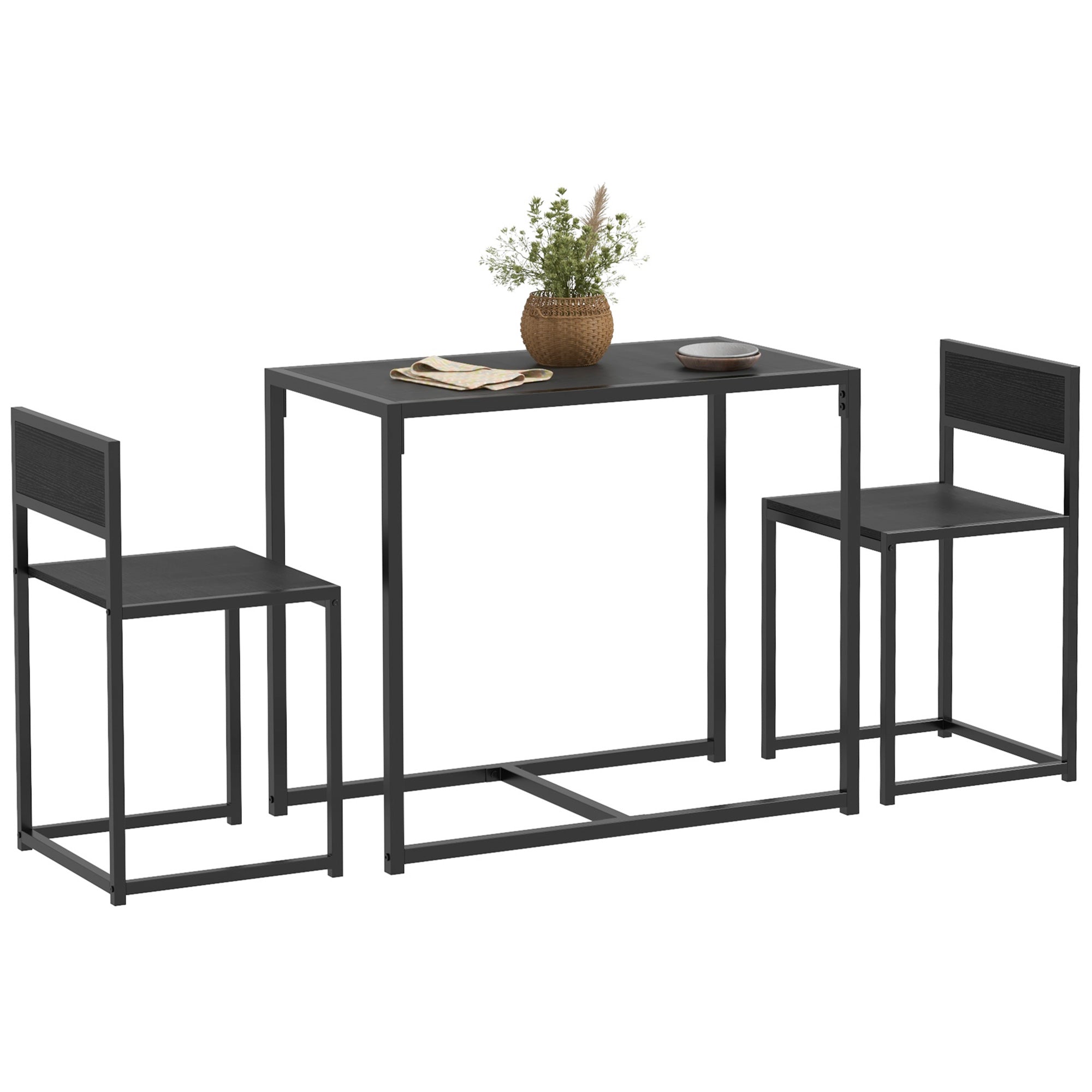 HOMCOM Dining Table and Chairs Set 2, Dining Room Sets, Rectangular Space Saving Table and 2 Chairs for Compact Kitchens, Steel Frame, Black - North Peak Garden Furniture