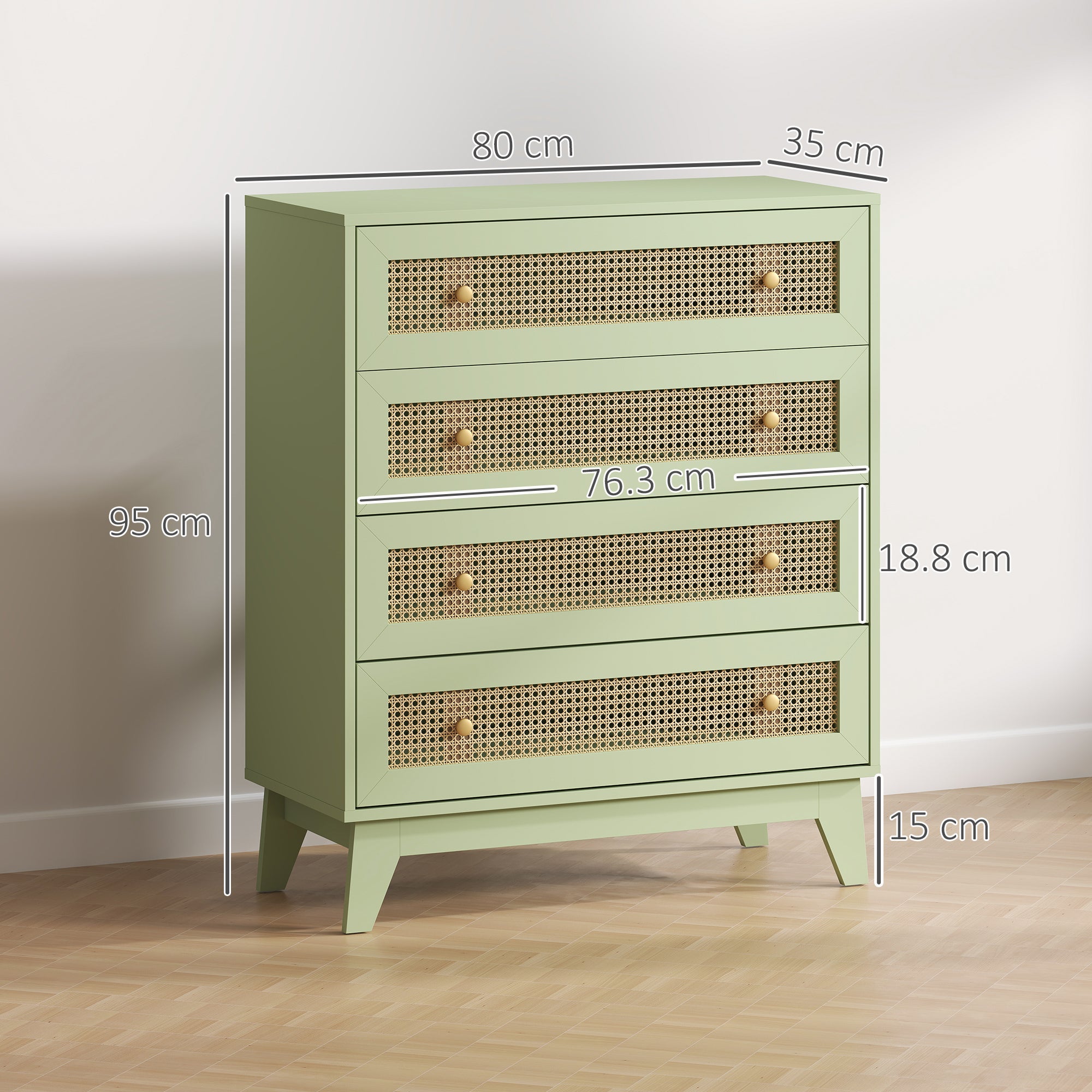 HOMCOM Chest of Drawers, 4-Drawer Storage Organiser Unit with Rattan Element for Bedroom, Living Room, Light Green - North Peak Garden Furniture