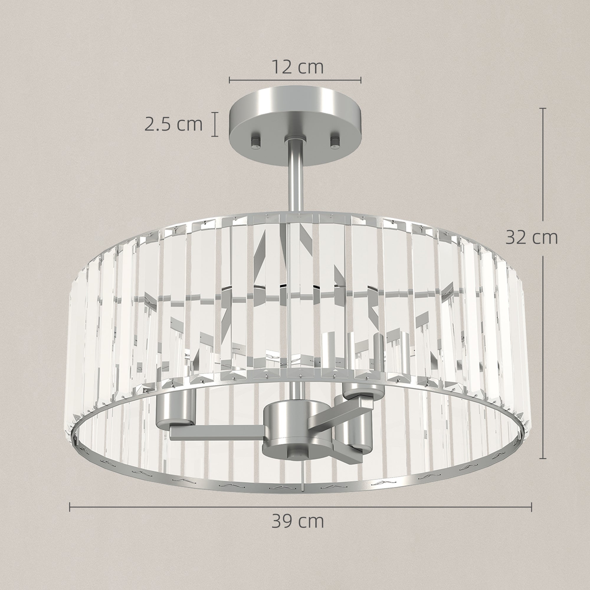 HOMCOM Crystal Ceiling Light Fixture, Semi Flush Mount Modern Crystal Chandelier Ceiling Light for Living Room, Bedroom, Hallway,  Dining Room, E14 Base 3-Lights, Silver Tone