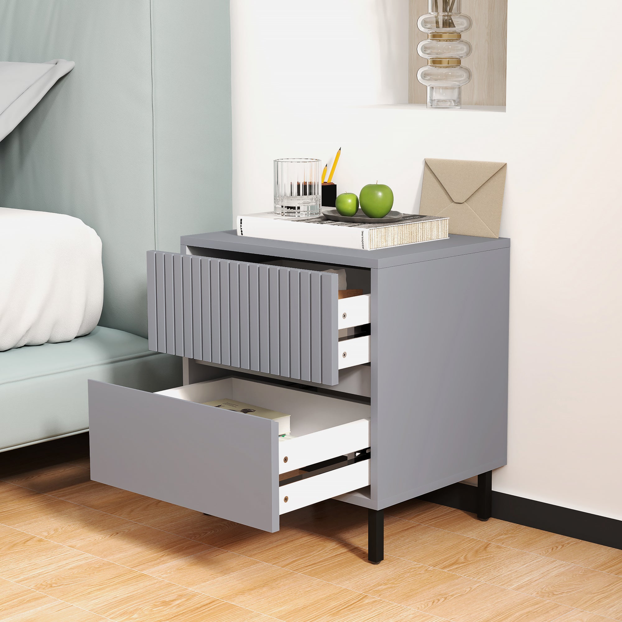 HOMCOM Simple Line Indented Two-Drawer Bedside Table - Grey - North Peak Garden Furniture